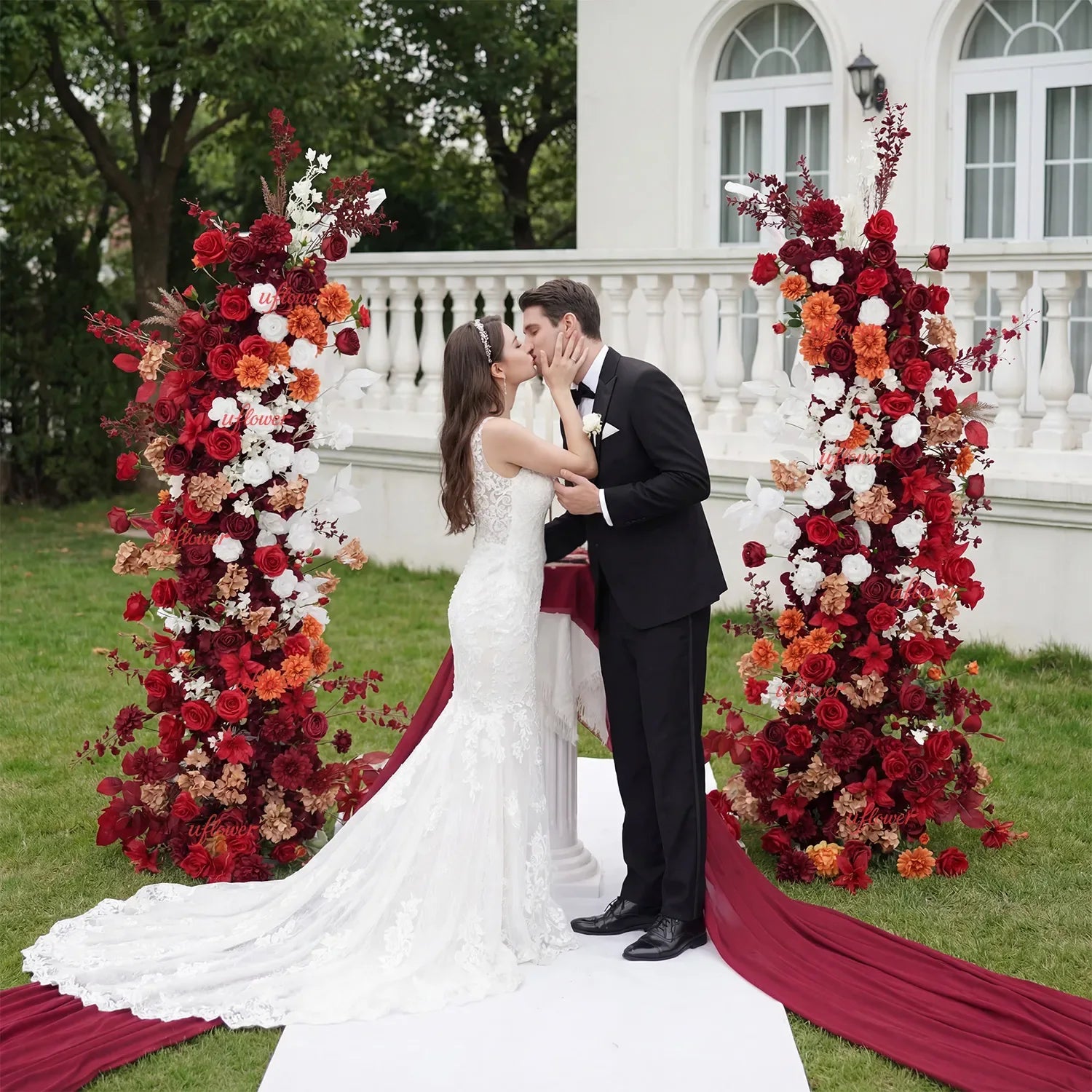 Uflower Autumn Red Rose Floral Horn Arch Wedding Party Backdrop Decor SET80134 - Uflower