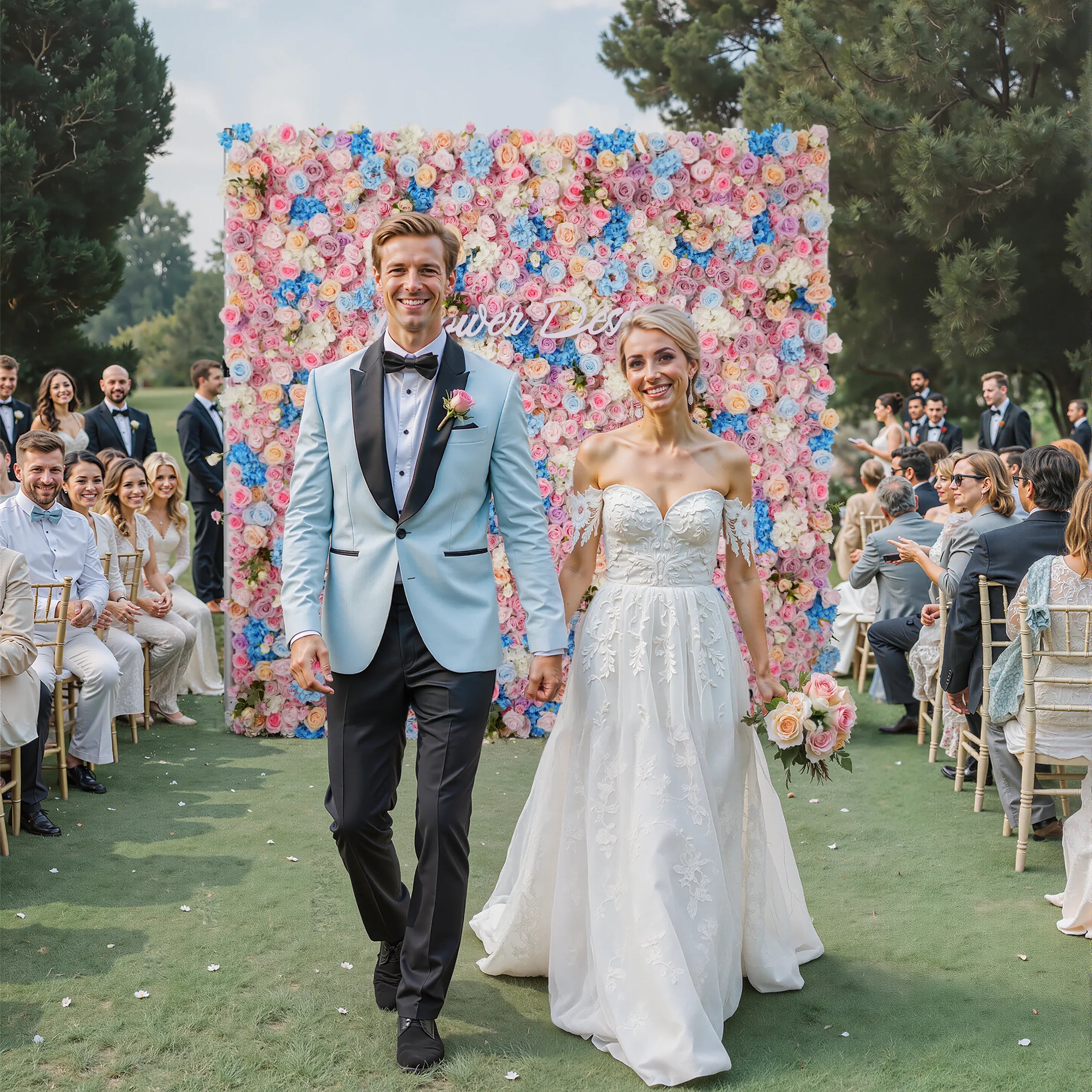 Uflower 5D Powder Blue Rose Artificial Rolling Up Curtain Flower Wall SET80036 - Uflower