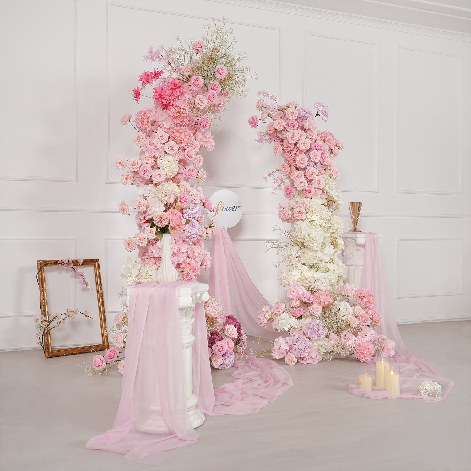 Uflower Pink White Floral Horn Arch Wedding Party Backdrop Decor SET80238