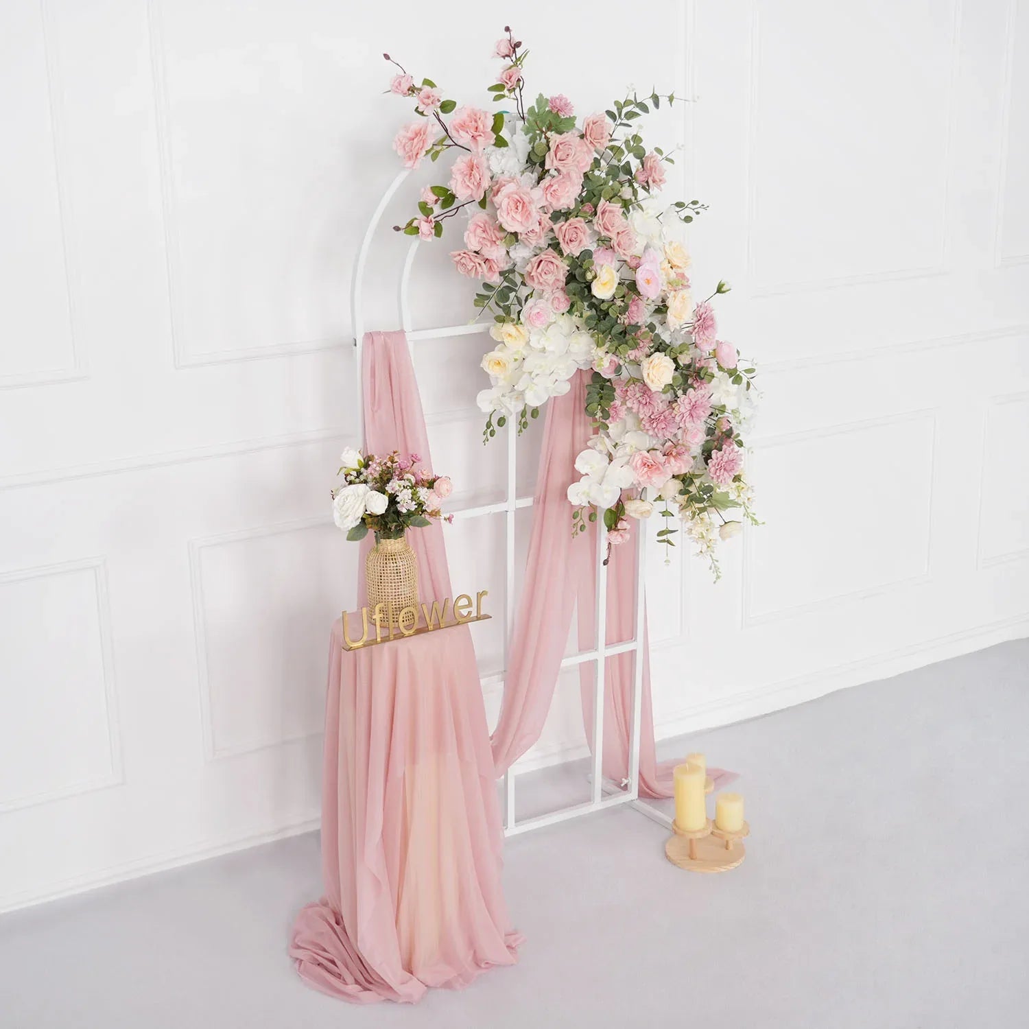 Uflower Artificial Pink Rose Green Leaf Flower Row Wedding KT Backdrop Decor MC80121-01 - Uflower