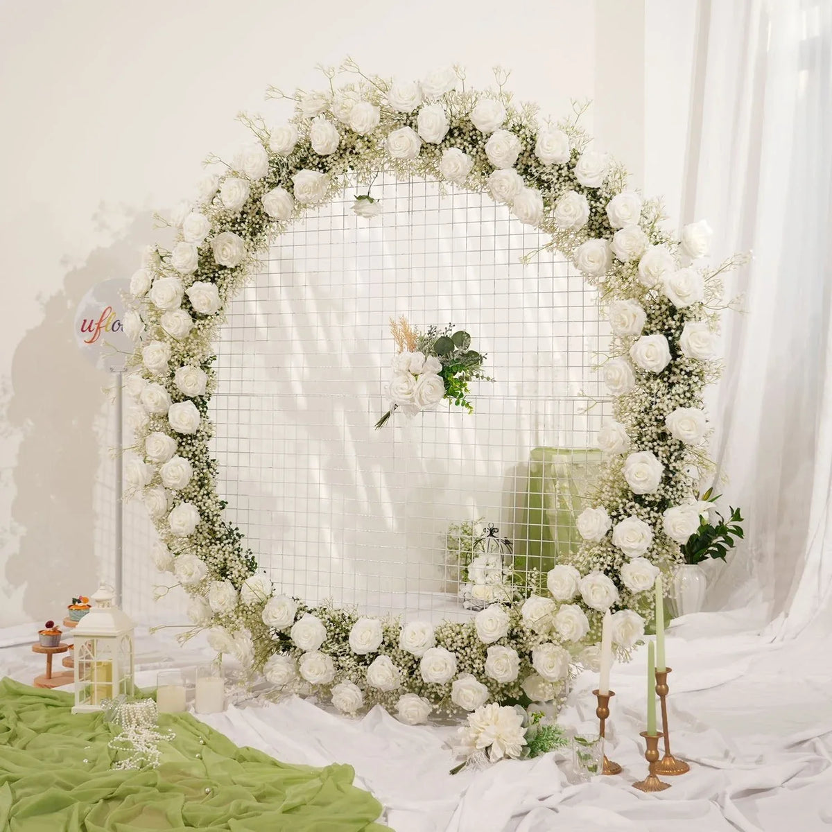 Uflower Baby's Breath Flower Arrangement Table Runner Round Arch SET80167 - Uflower