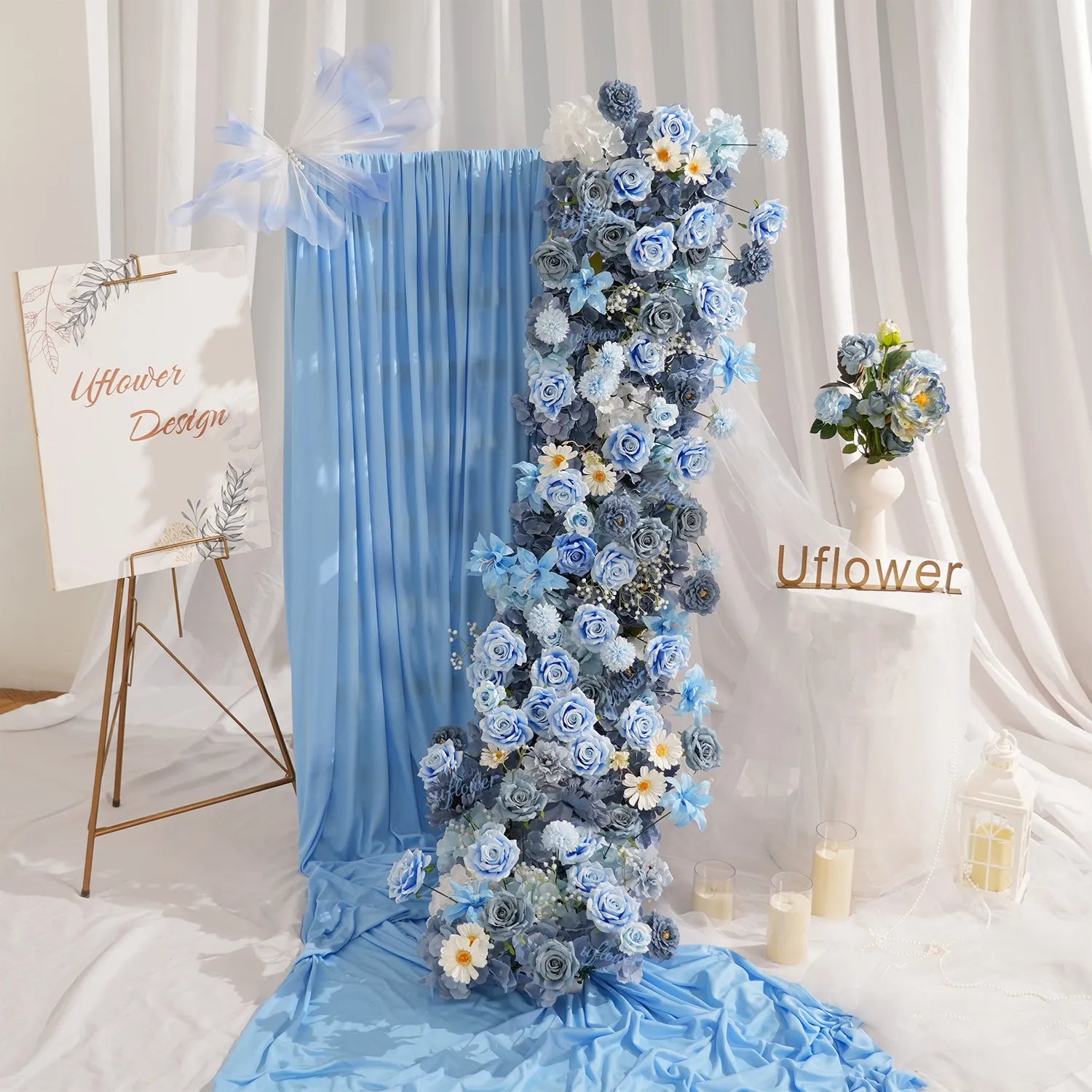 Uflower Blue Table Runner Sofa Floral Wedding Backdrop Decor MC80227-01
