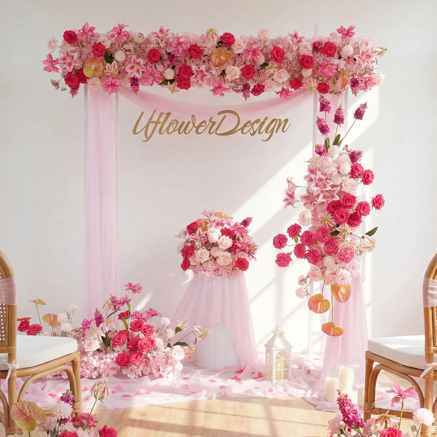 Uflower Rose Pink Floral Arrangement Wedding Backdrop Floral Props SET80193