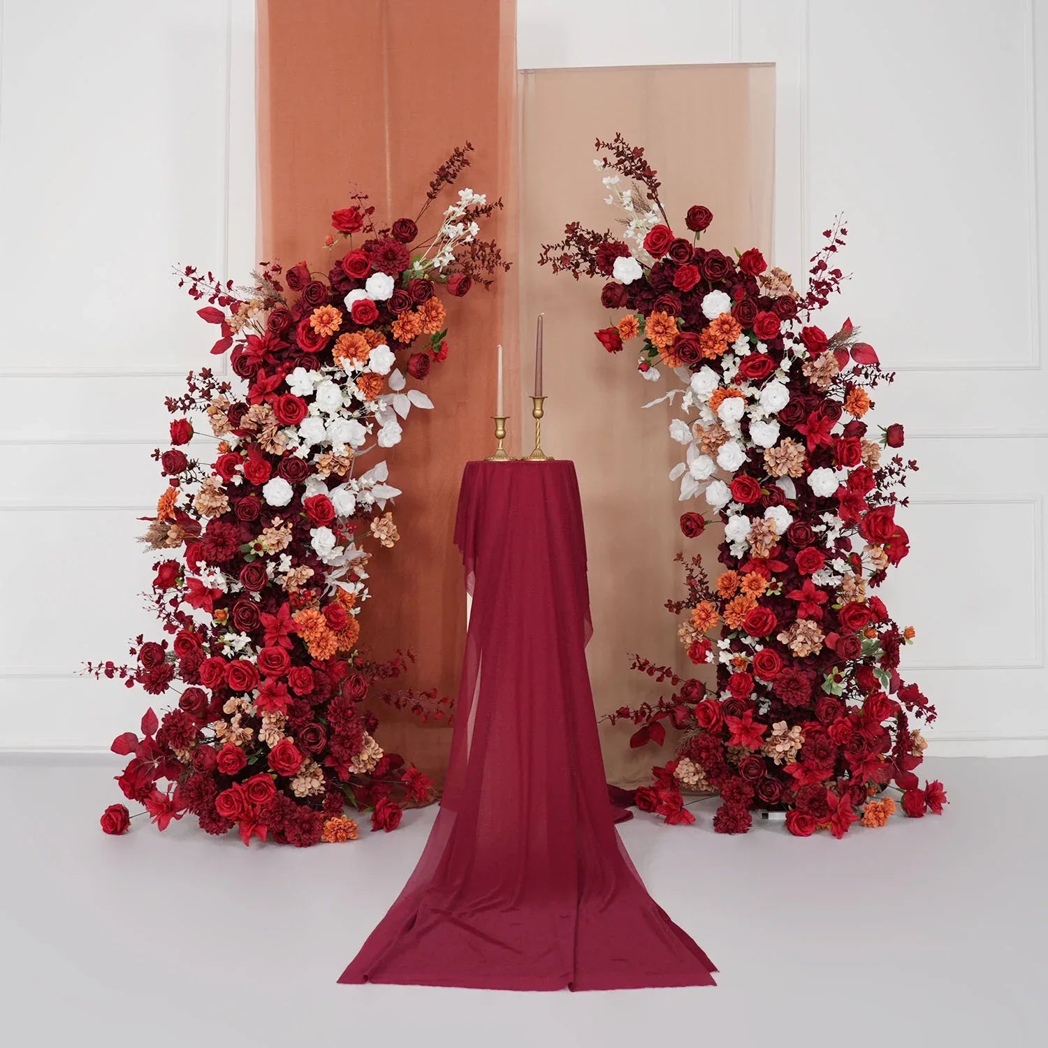 Uflower Autumn Red Rose Floral Arrangement Horn Arch Wedding Backdrop Decor SET80134 - Uflower