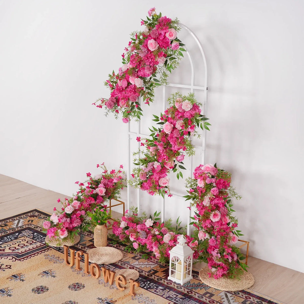 Uflower Pink Rose Green Leaf Wedding Backdrop Floral Arrangement MC80089 - Uflower