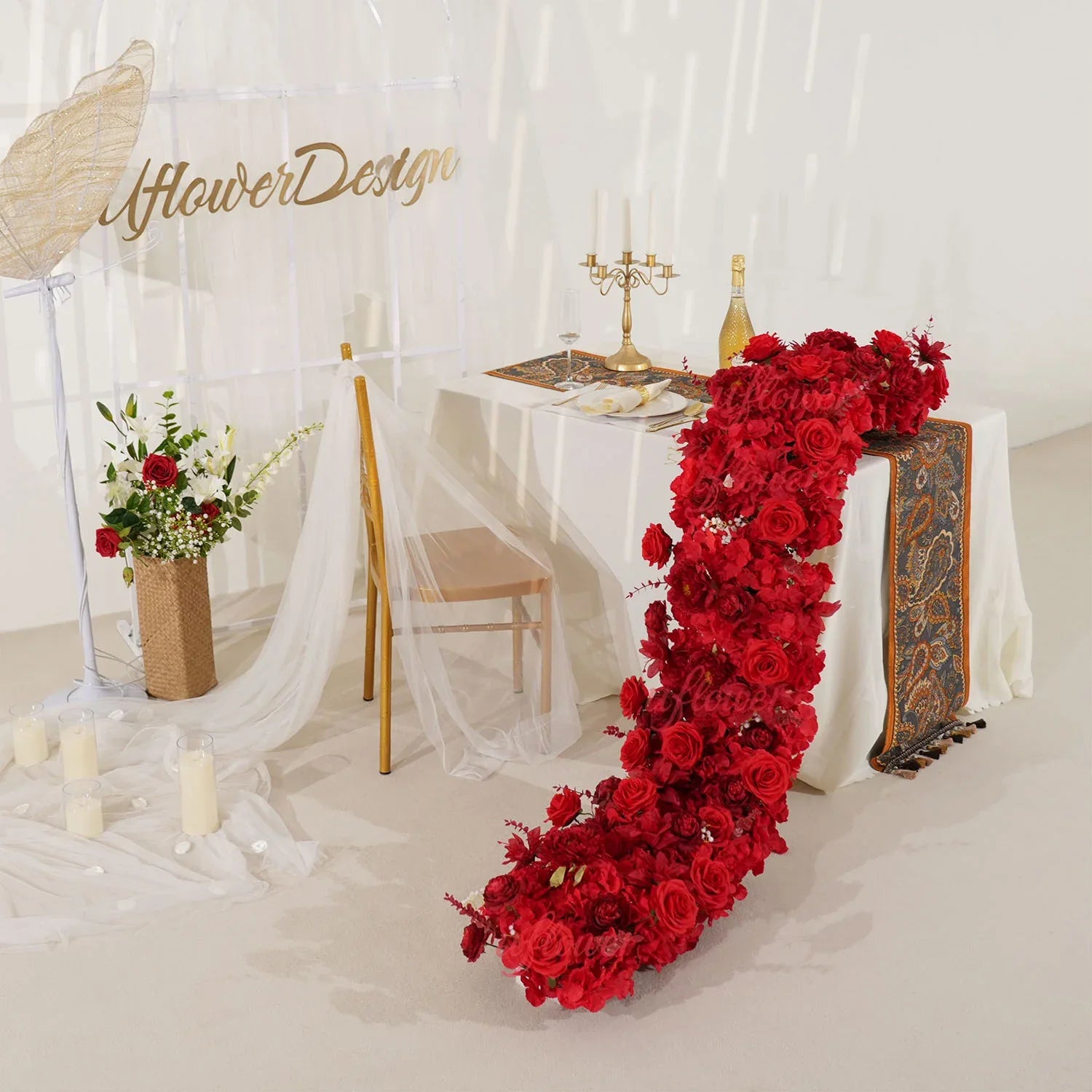 Uflower Artificial Red Rose Flower Row Wedding KT Backdrop Decor MC80075-03 - Uflower