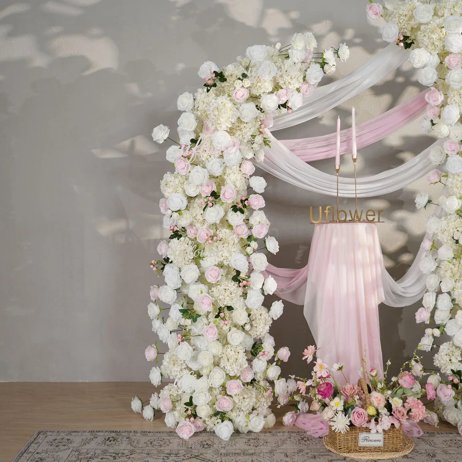 Uflower Pink White Rose Floral Horn Arch Wedding Party Backdrop Decor SET80143 - Uflower