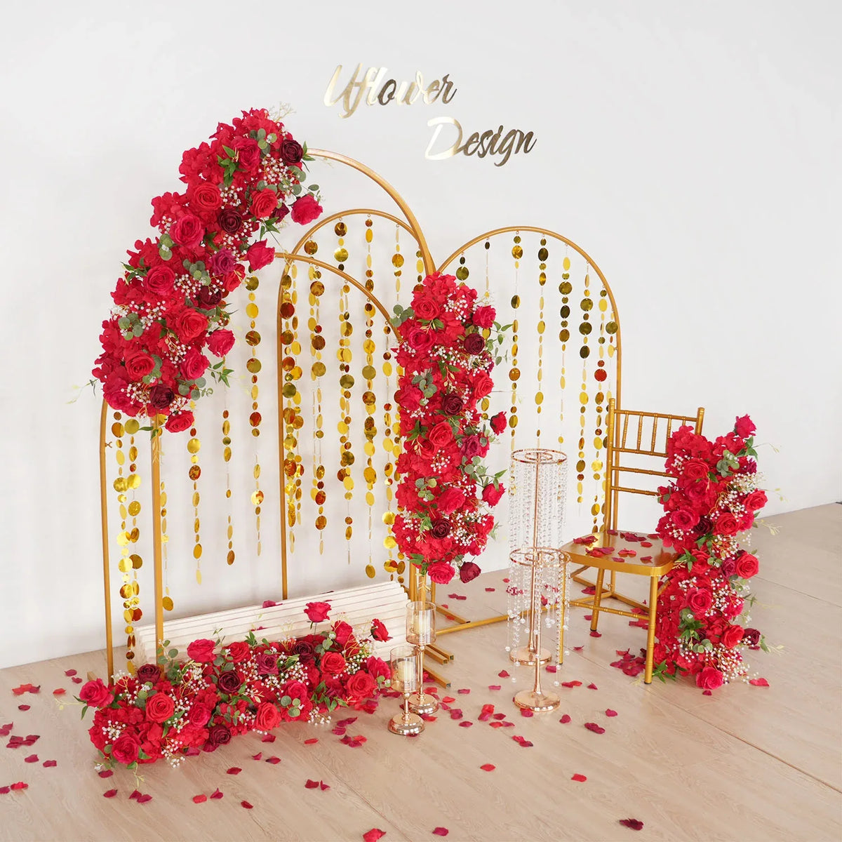 Uflower Artificial Red Rose Babysbreath Green Leaf Flower Row Wedding KT Backdrop Decor MC80131 - Uflower