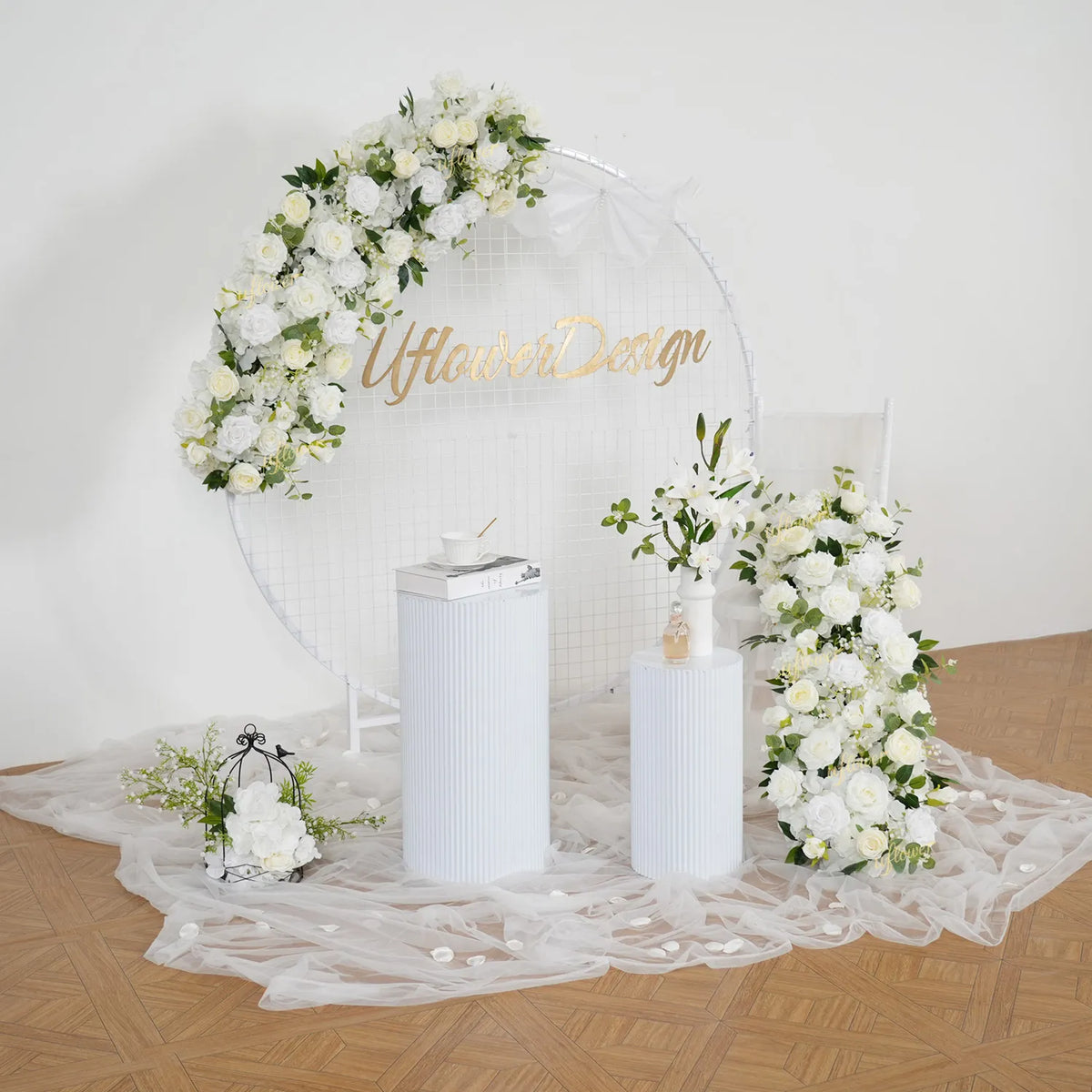Uflower White Floral Arrangement Wedding Arch Backdrop Party Flower Row Decor MC80115-01