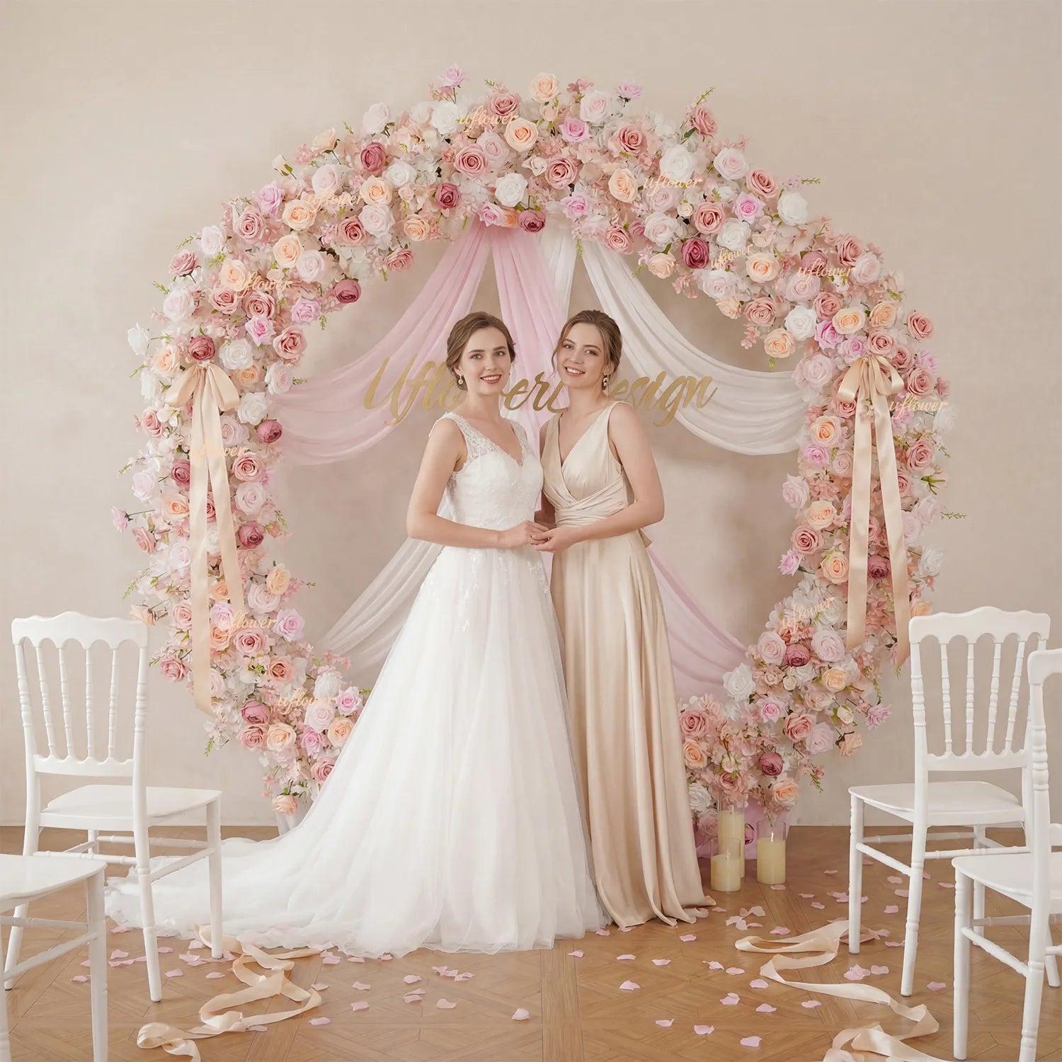 Uflower Pink White Rose Flower Arrangement Table Runner Wedding Round Arch SET80184