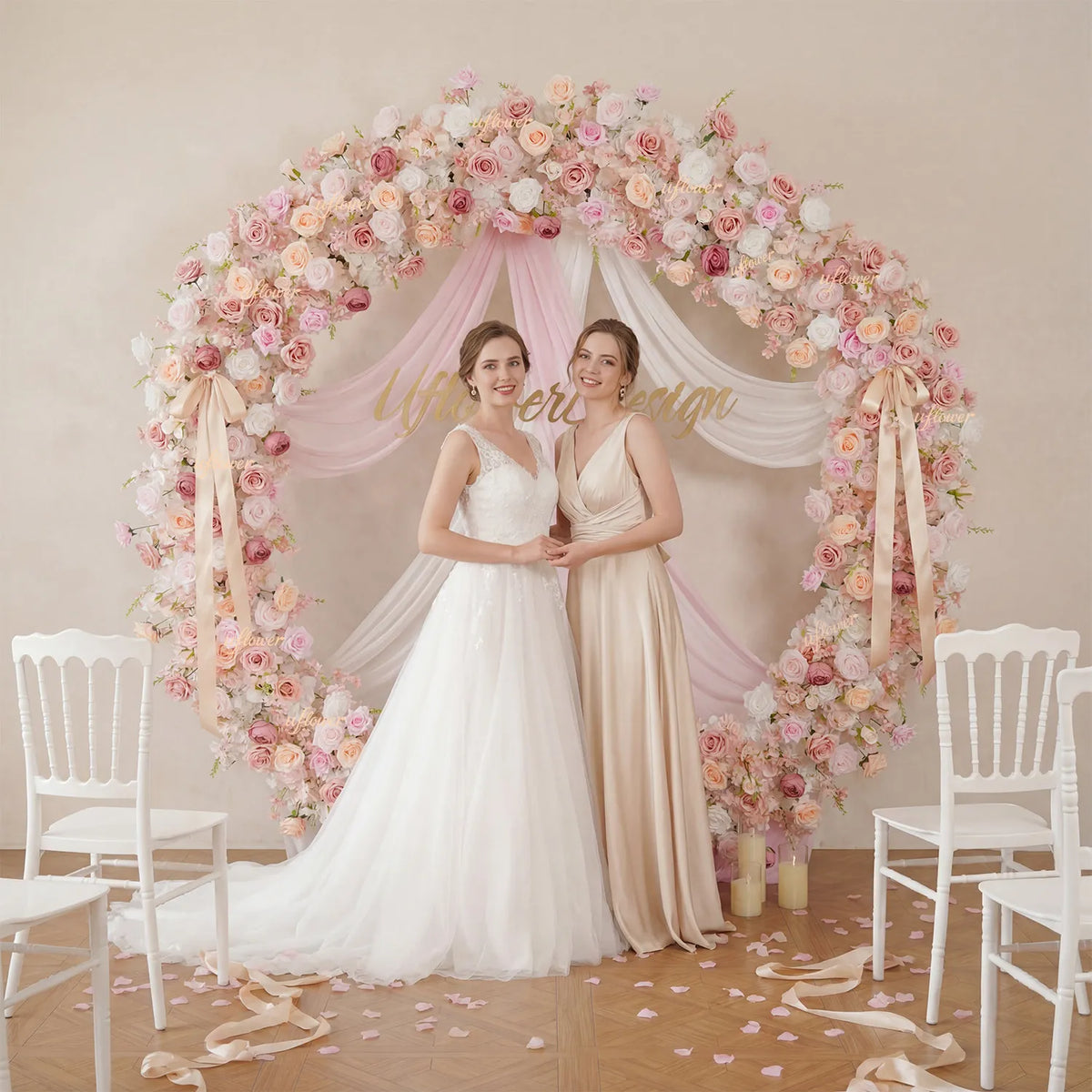 Uflower Pink White Rose Flower Arrangement Table Runner Wedding Round Arch SET80184