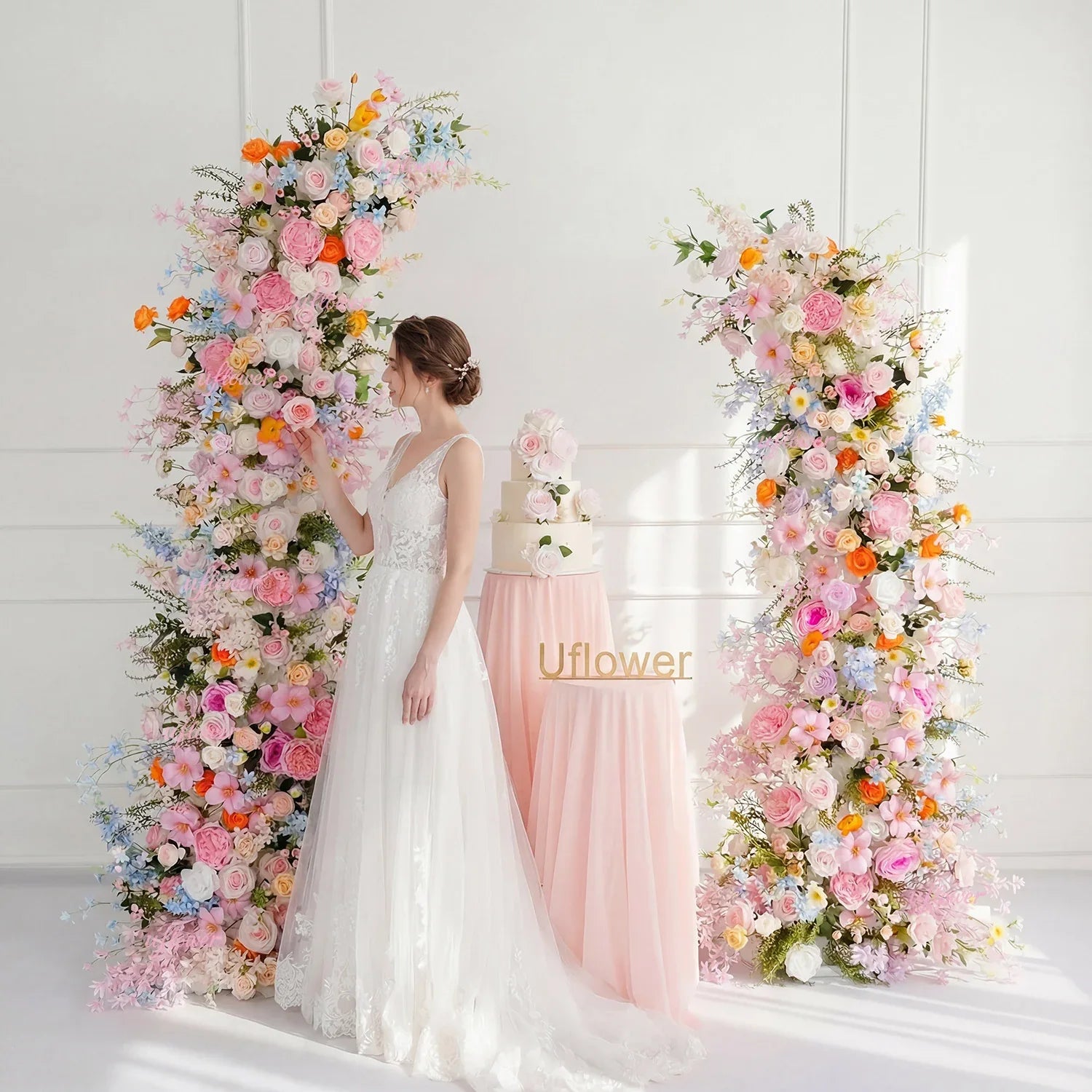 Colorful Flower Row Decor Wedding Backdrop Horn Arch SET80078 - Uflower