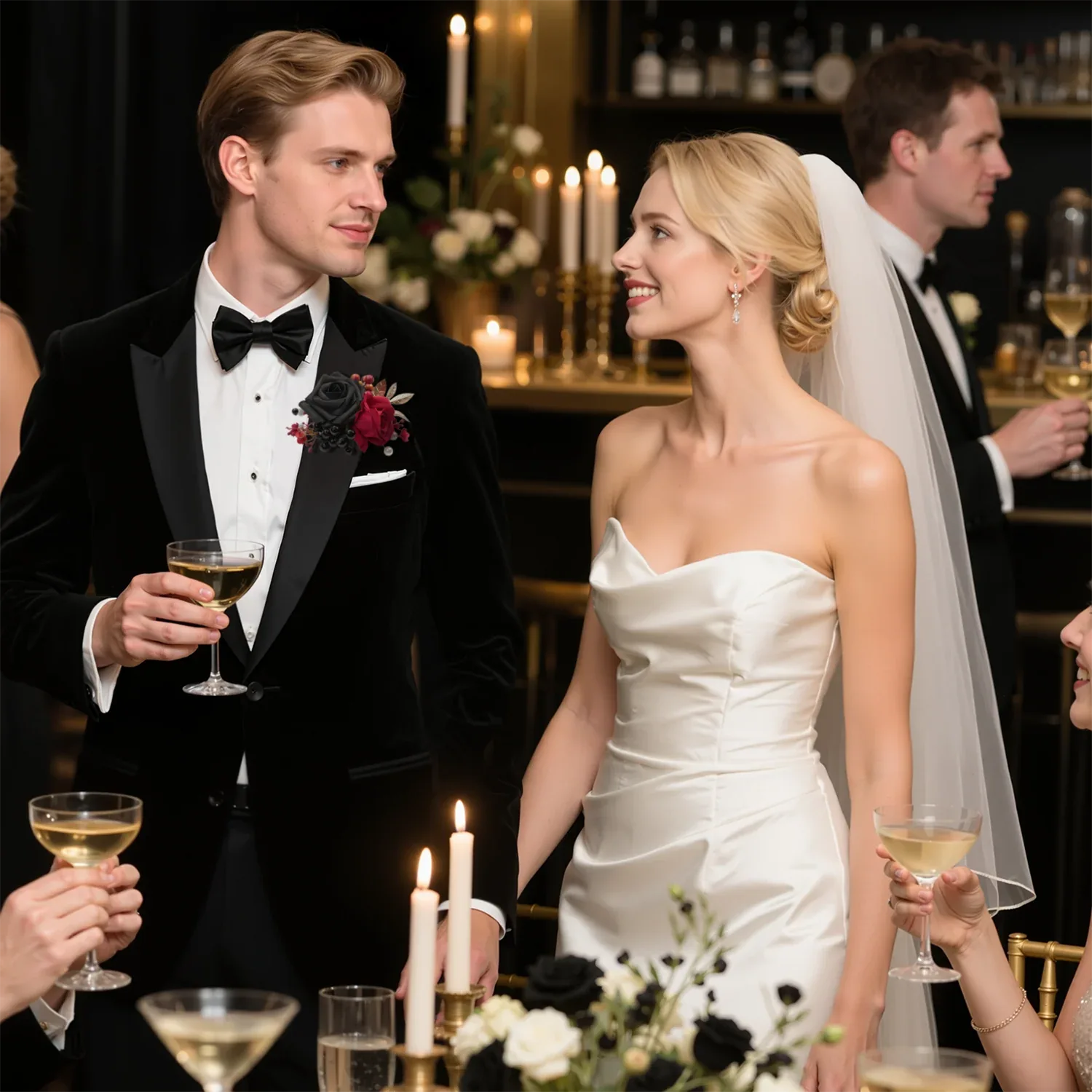 Uflower Black Burgundy Bride Bouquet Wrist Corsage Groom Boutonniere Set Wedding Event Supplies SET80080-11 - Uflower