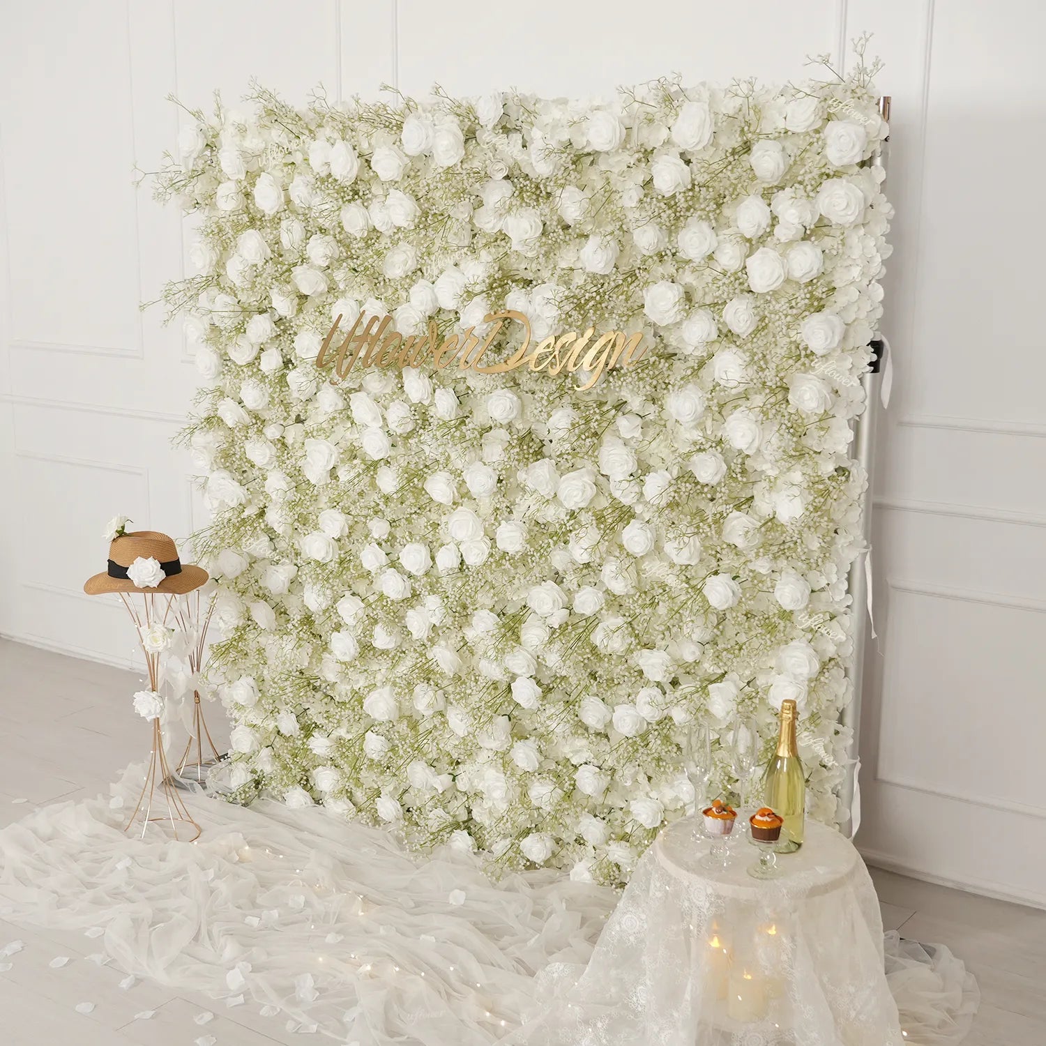 Uflower White Rose Baby's Breath Flower Wall Wedding Party Proposal Decor SET80226