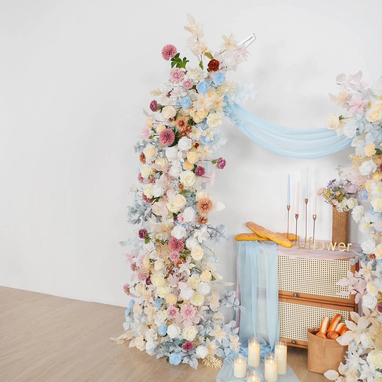 Uflower Pink Blue Champagne Horn Arch Decor Wedding Backdrop Floral Ball Arrangement SET80119 - Uflower