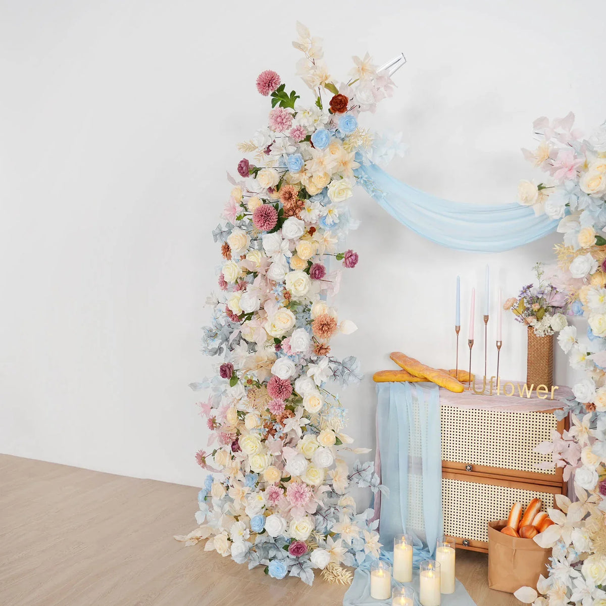 Uflower Pink Blue Champagne Horn Arch Decor Wedding Backdrop Floral Ball Arrangement SET80119 - Uflower