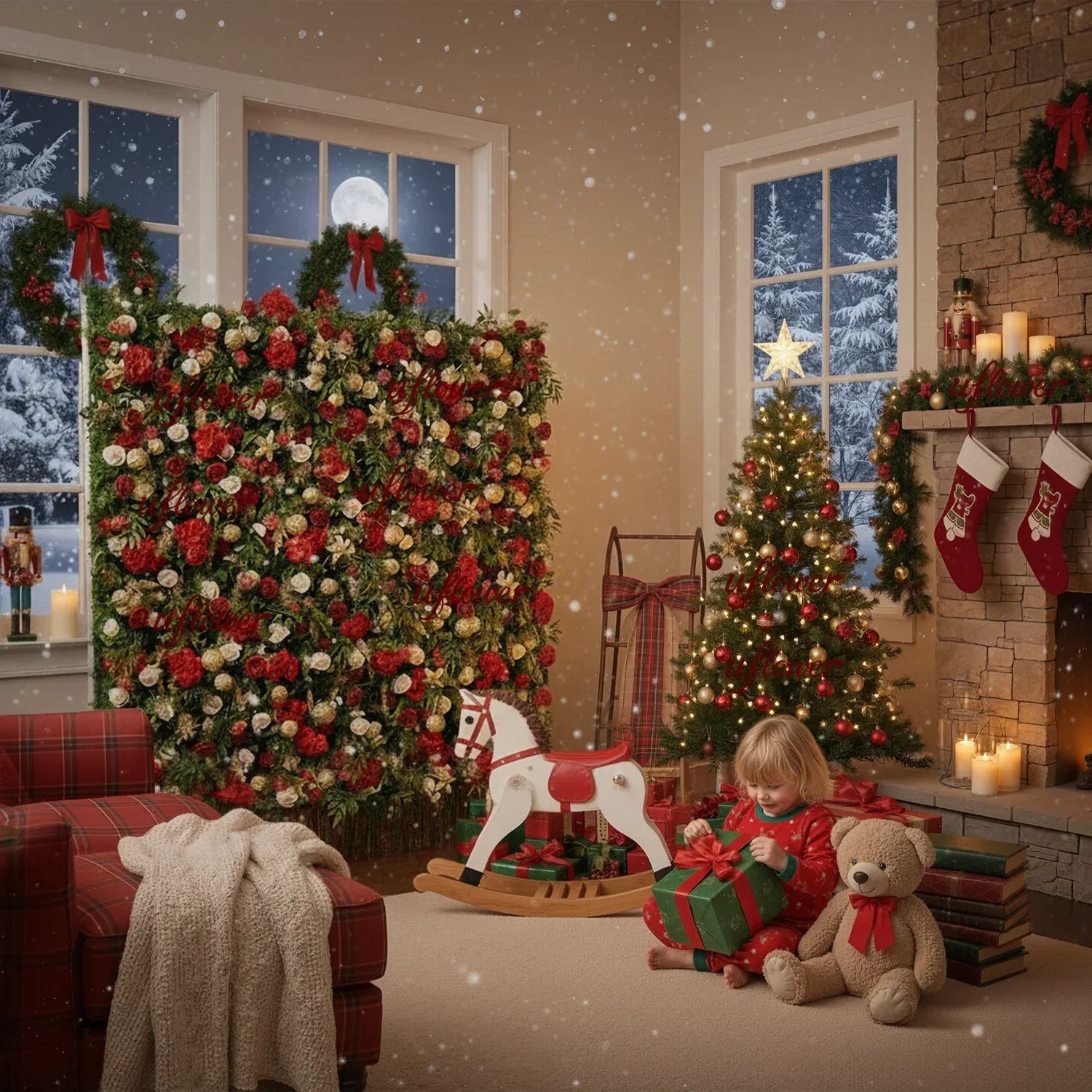 Uflower Christmas Red Gold Flower Wall Luxurious Star & Ball Decorated Floral Backdrop Holiday Party Decor - Uflower