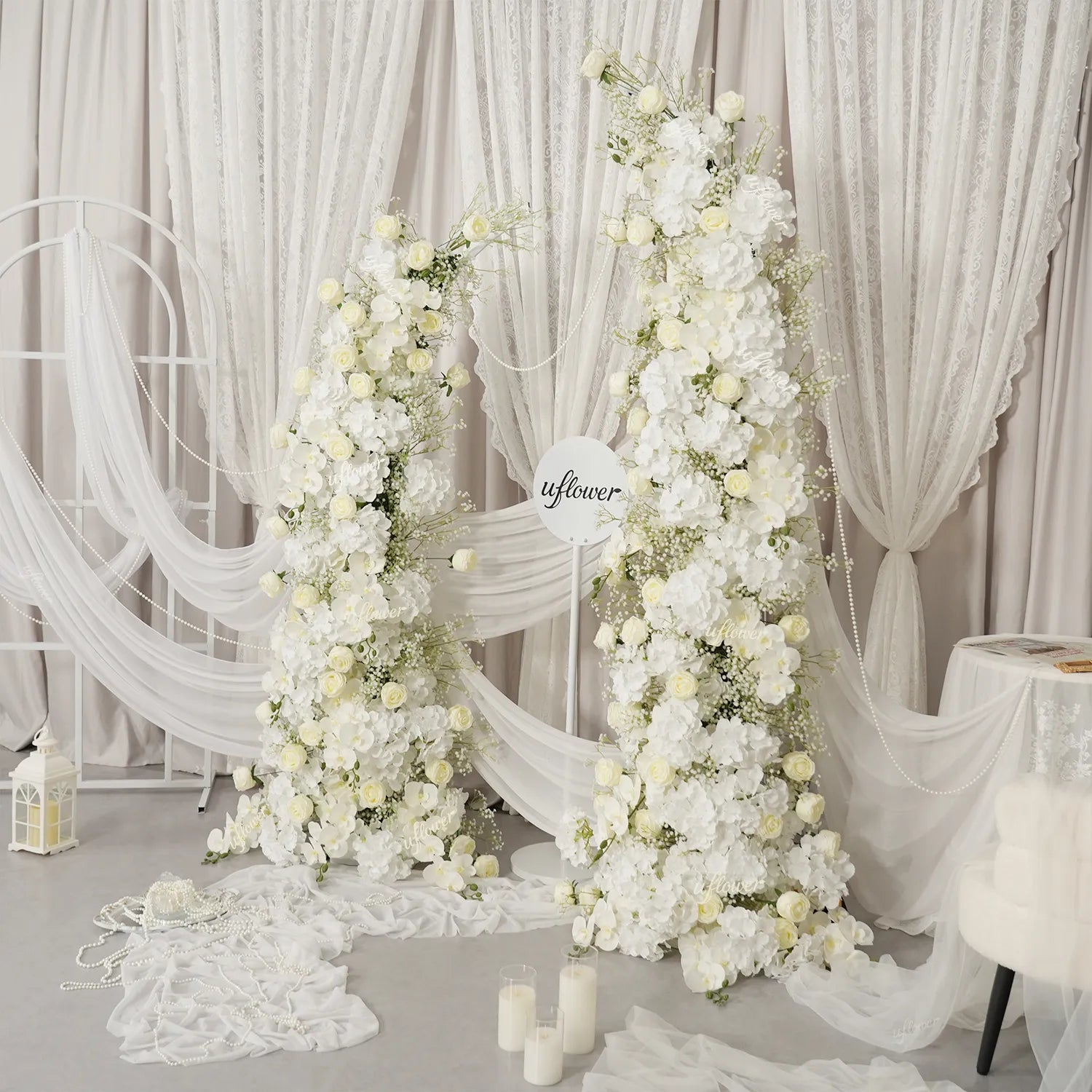 Uflower Baby's Breath White Floral Horn Arch Wedding Party Backdrop Decor SET80231