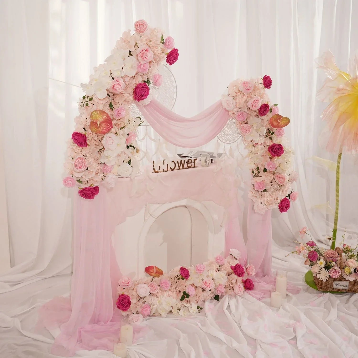 Uflower Pink Floral Arrangement Wedding Arch Backdrop Party Flower Row Decor SET80169 - Uflower
