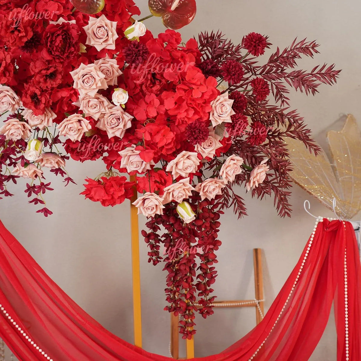 Uflower Red Floral Arrangement Wedding Backdrop Floral Props SET80164-01 - Uflower