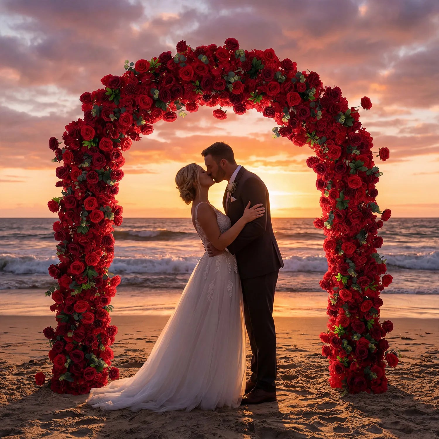 Uflower Red Rose Greenery Floral Door Arch Wedding Party Backdrop Decoration SET80174