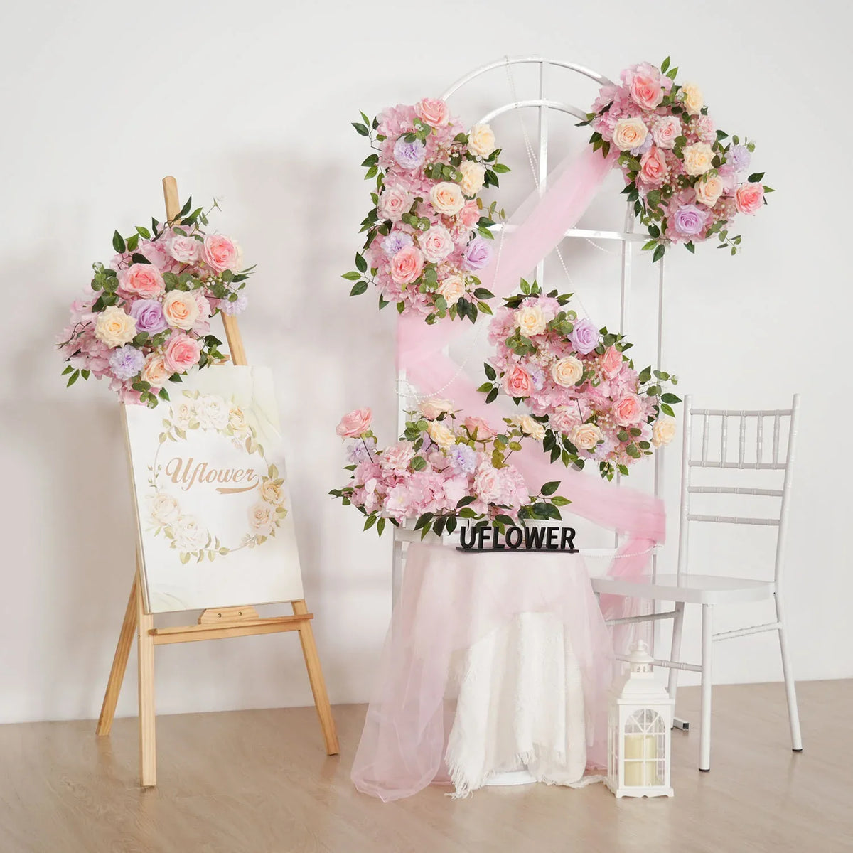 Uflower Artificial Pink Purple Rose Green Leaf Flower Row Wedding KT Backdrop Decor MC80139-01 - Uflower