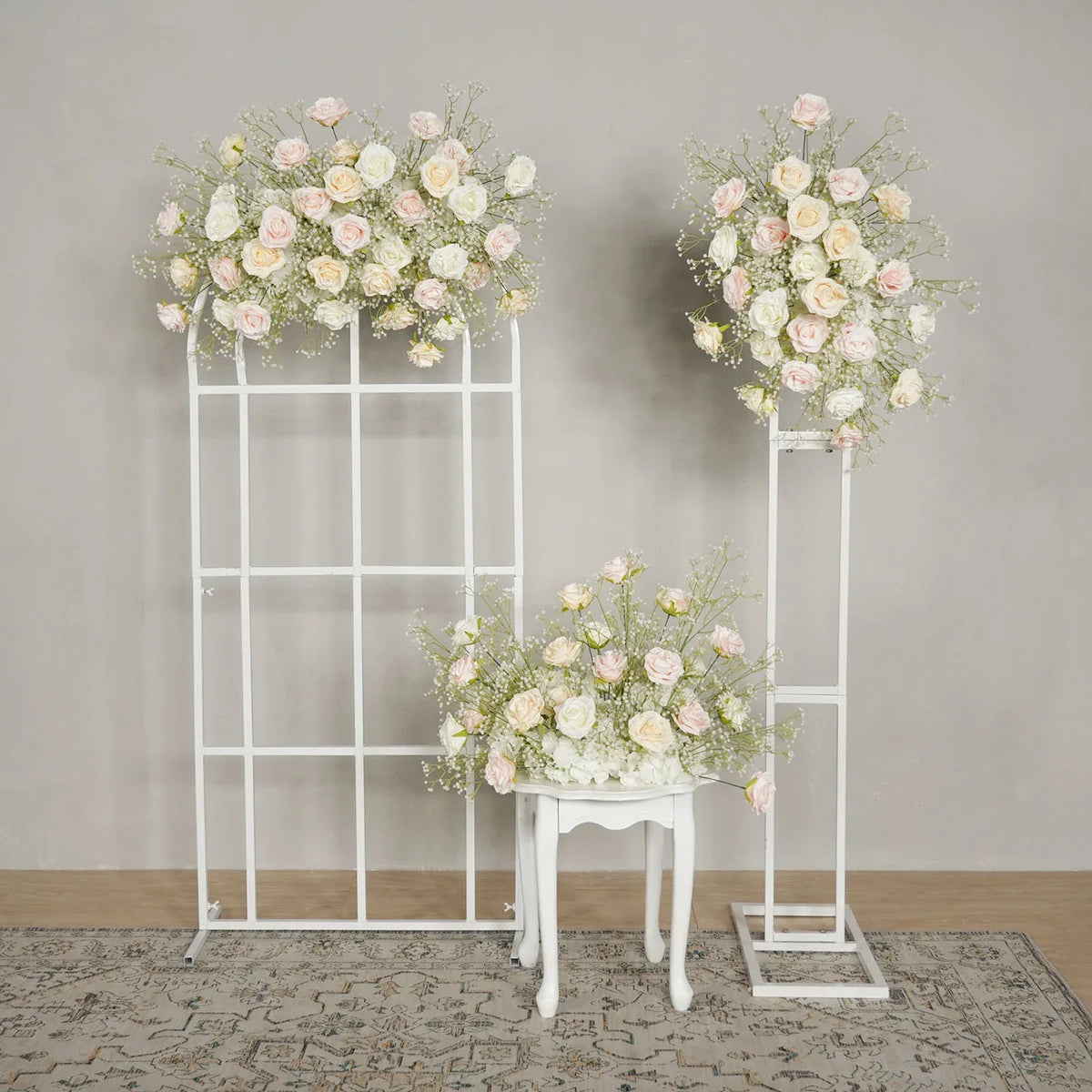 Uflower Champagne White Babysbreath Rose Arrangement Wedding KT Backdrop Decor SET80131 - Uflower