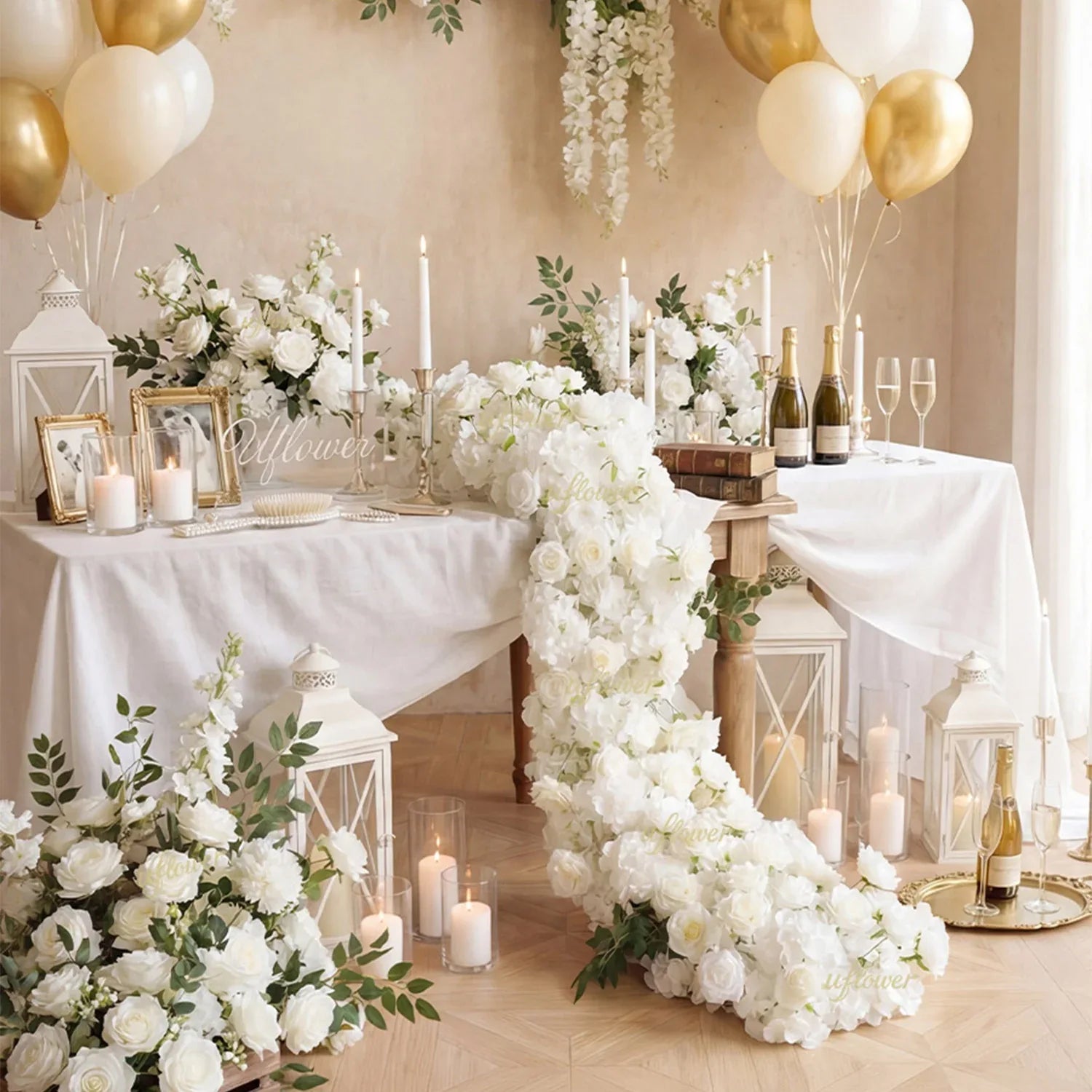Uflower White Rose Table Runner Sofa Floral Wedding Backdrop Decor SET