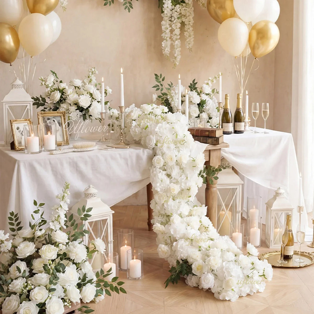 Uflower White Rose Table Runner Sofa Floral Wedding Backdrop Decor SET80120 - Uflower