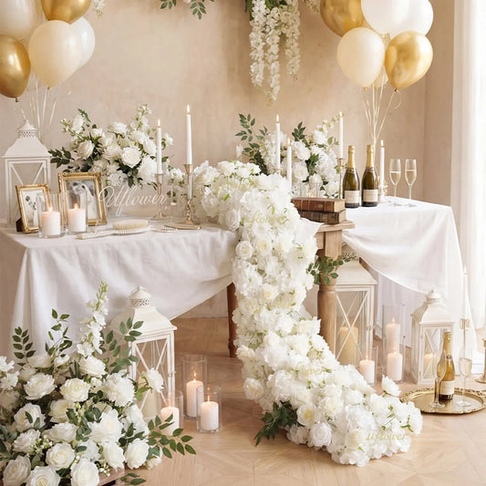 Uflower White Rose Table Runner Sofa Floral Wedding Backdrop Decor SET80120 - Uflower