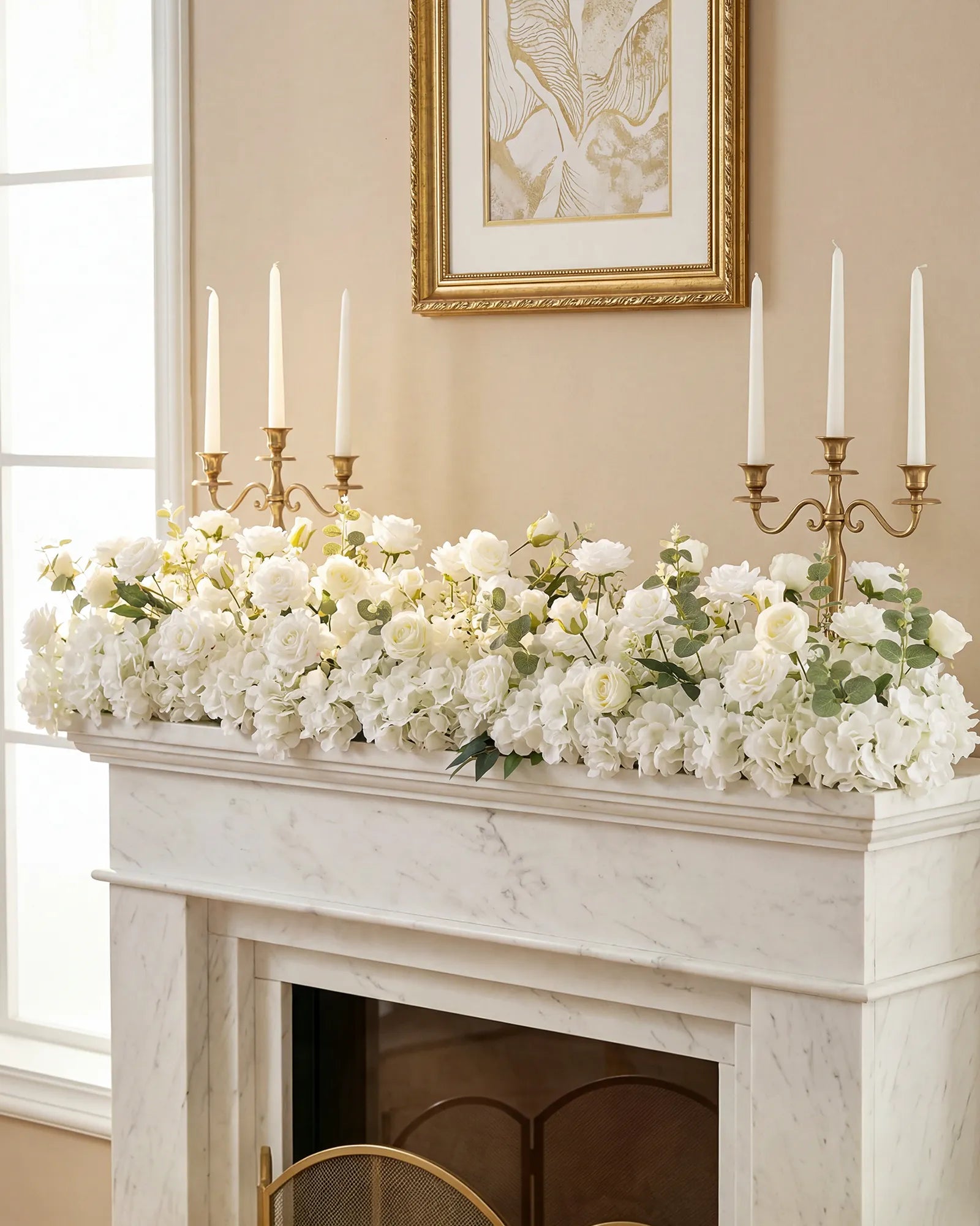 Uflower 200cm White Rose Greenery Flower Row with Drapes MC89004-02