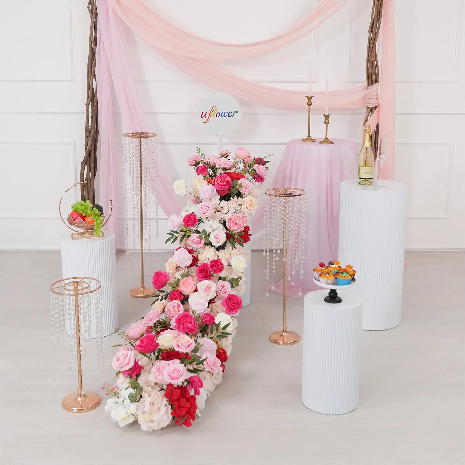 Uflower Pink Rose Table Runner Sofa Floral Wedding Backdrop Decor MC80281-01