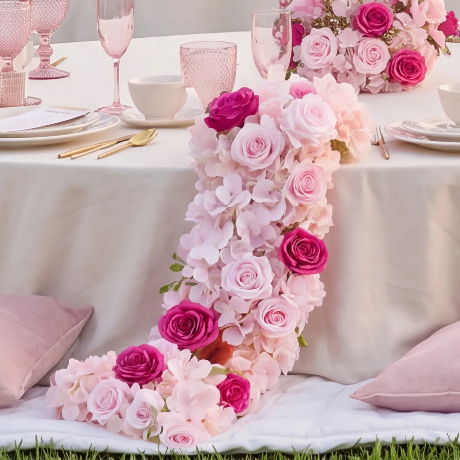 Pink & White Outdoor Wedding Decor | One-Stop Flower Wall, Flower Rows & Table Decor