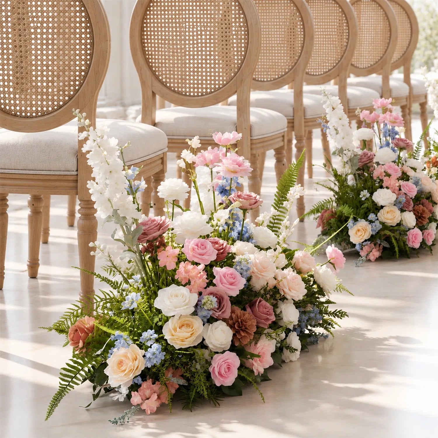 Colorful Church Wedding Decor | One-Stop Arch & Aisle Flower Styling