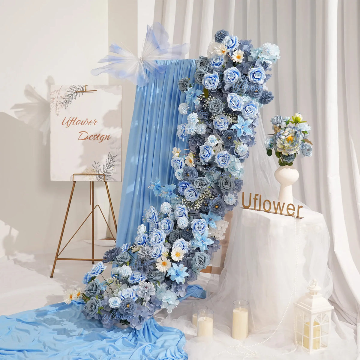 Uflower Blue Table Runner Sofa Floral Wedding Backdrop Decor MC80227-01