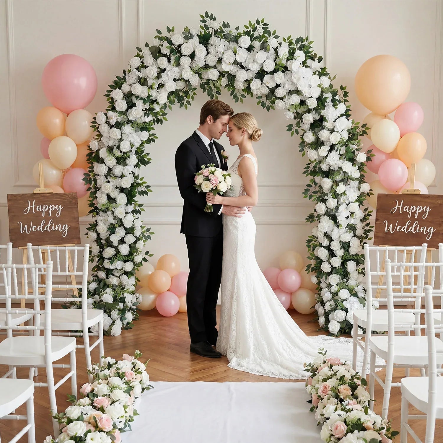 Uflower Green White Rose Willow Leaves Wedding Background Arch Decoration Flower Arrangement SET80086 - Uflower