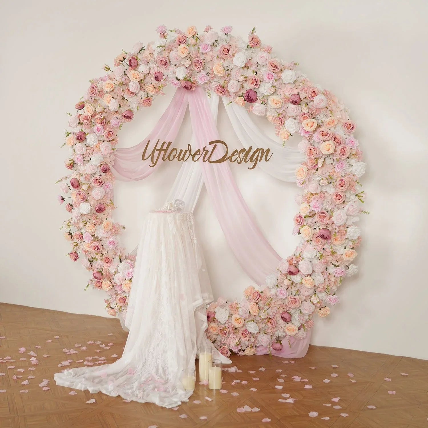 Uflower Pink White Rose Flower Arrangement Table Runner Wedding Round Arch SET80184 - Uflower
