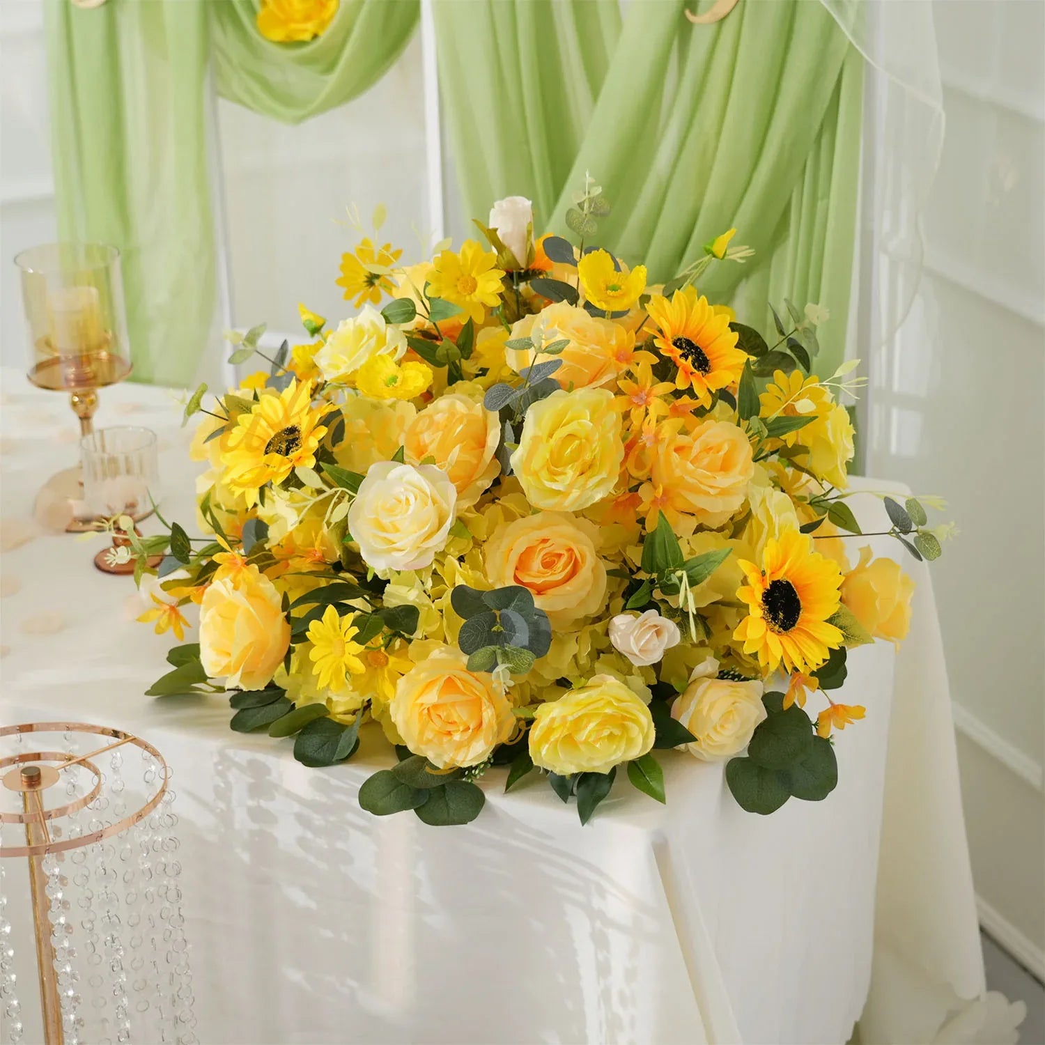Uflower Yellow Rose Sunflower Table Runner Sofa Floral Wedding Backdrop Decor SET80150 - Uflower