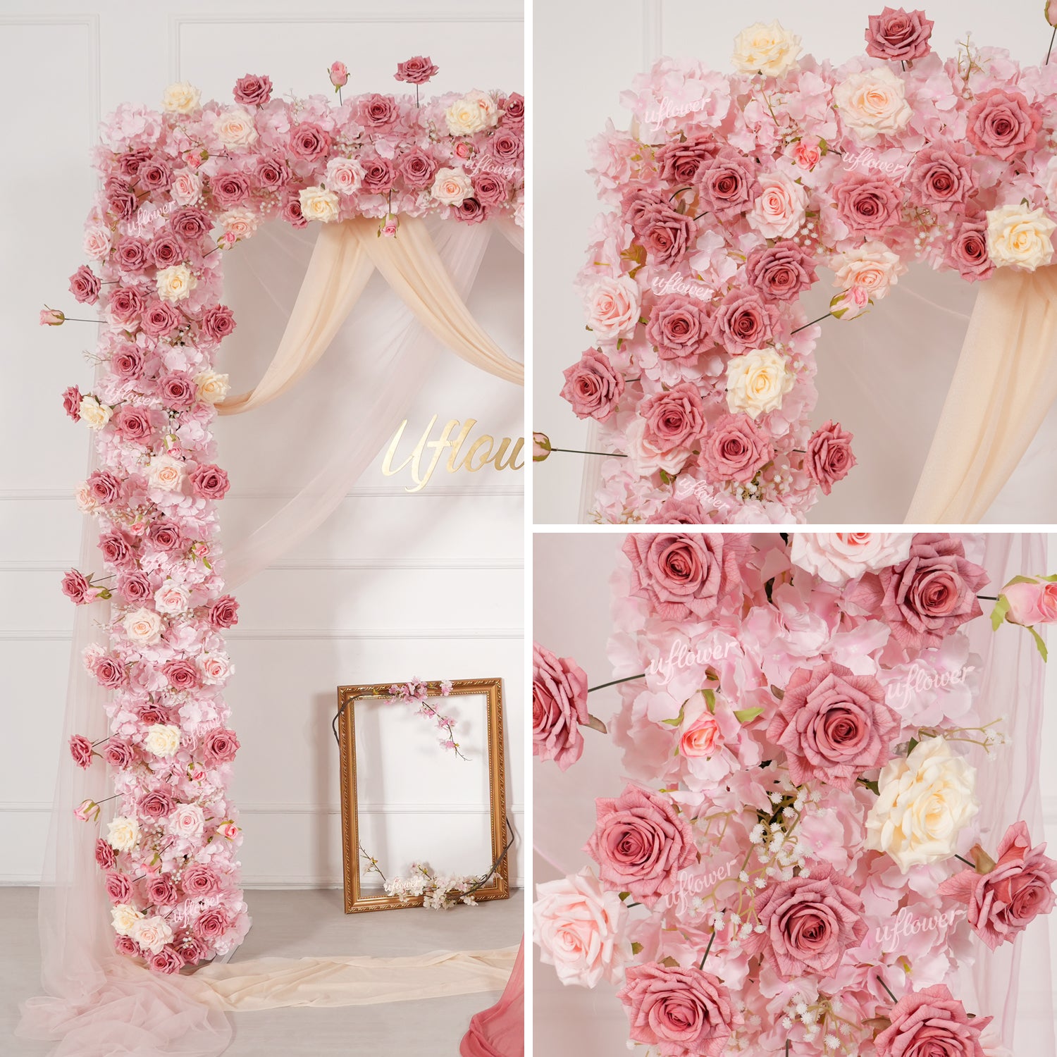 Uflower Pink Rose Floral Square Arch Wedding Party Backdrop Decoration SET80236
