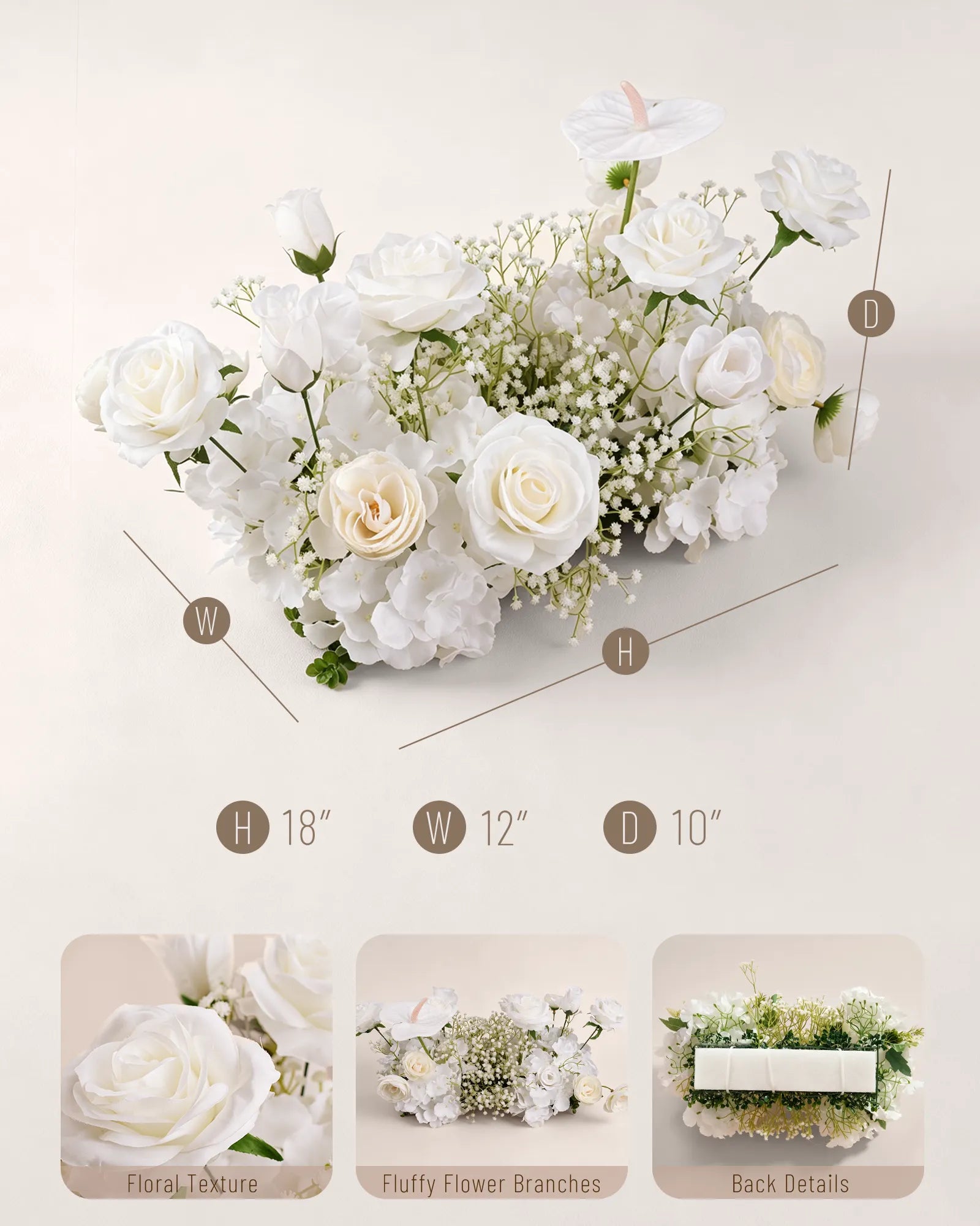 Uflower 50cm White Rose Baby's Breath Flower Row MC89009-03