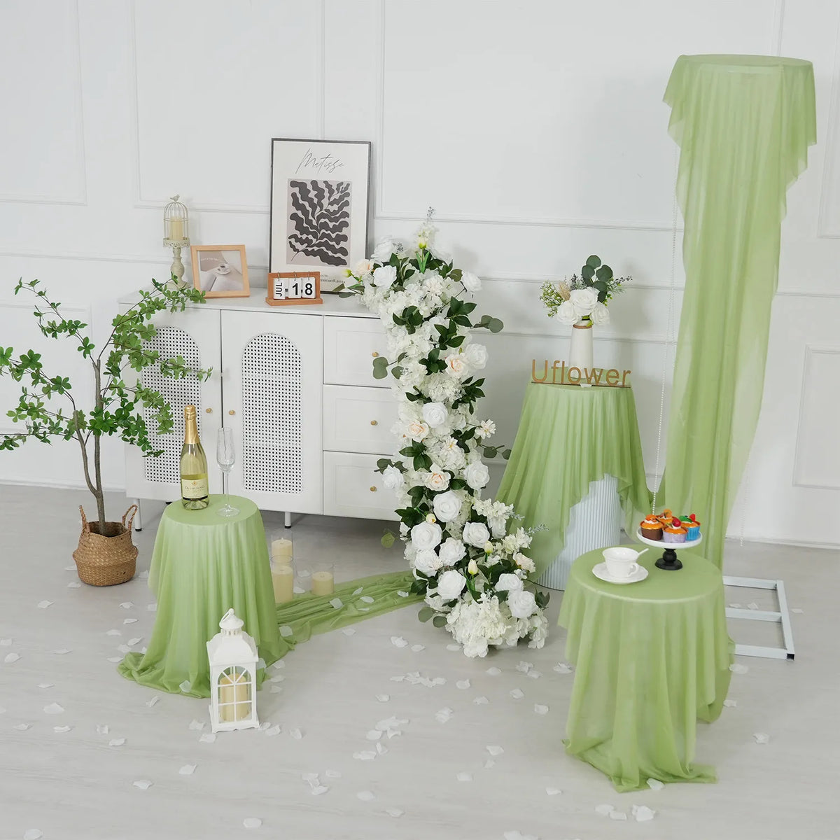 Uflower White Rose Greenery Sofa Table Runner Floor Flower Arrangement MC80222-04
