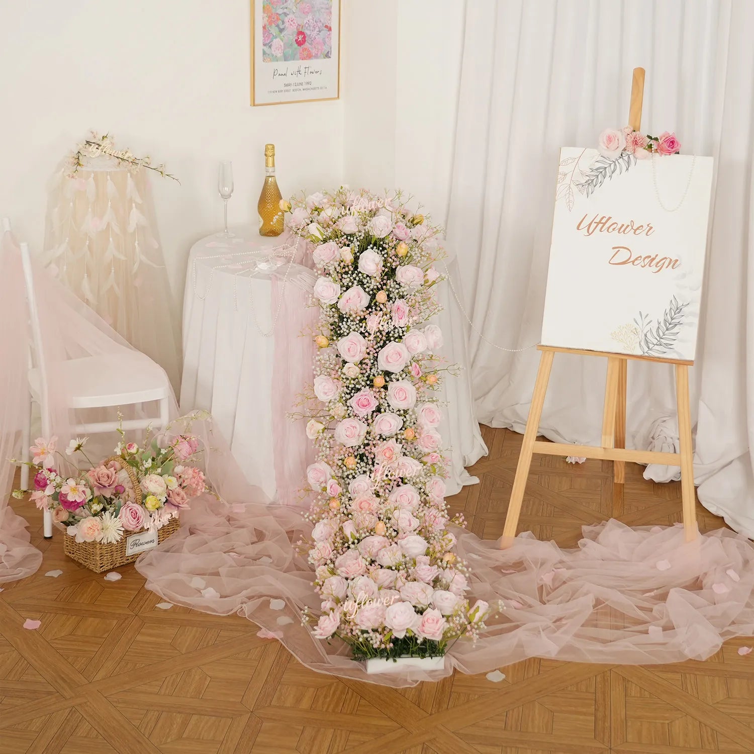 Uflower  Pink Rose&Baby's Breath Flower Row  Table Runner  MC80230-05