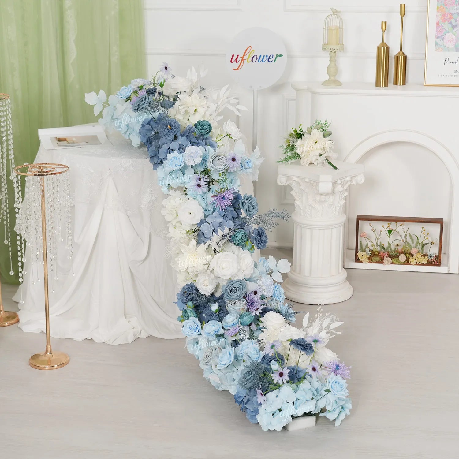 Uflower Dusty Blue Floral Row Wedding & Event Backdrop MC80309-01