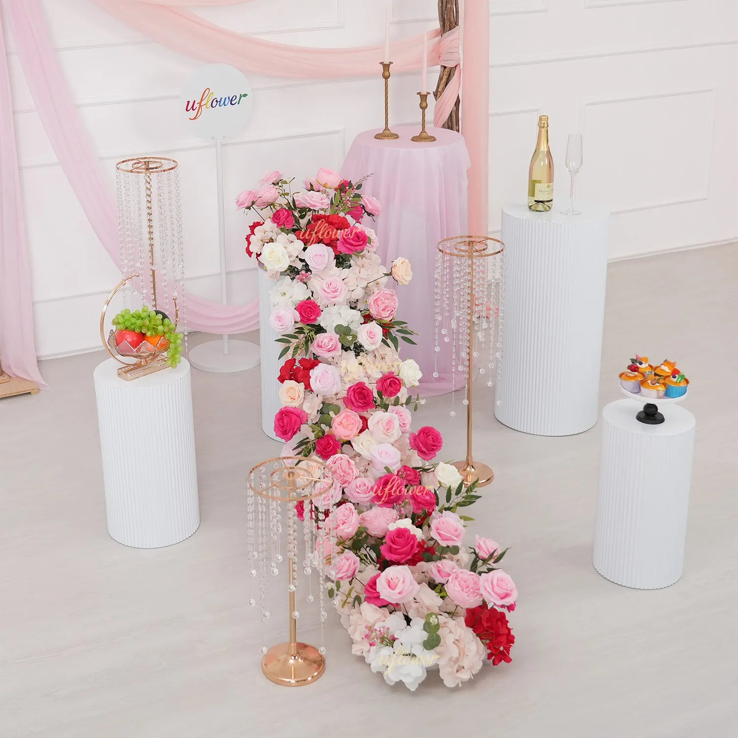 Uflower Pink Rose Table Runner Sofa Floral Wedding Backdrop Decor MC80281-01