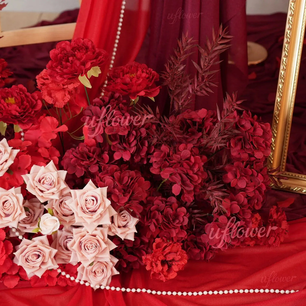 Uflower Red Floral Arrangement Wedding Backdrop Floral Props SET80164-01 - Uflower