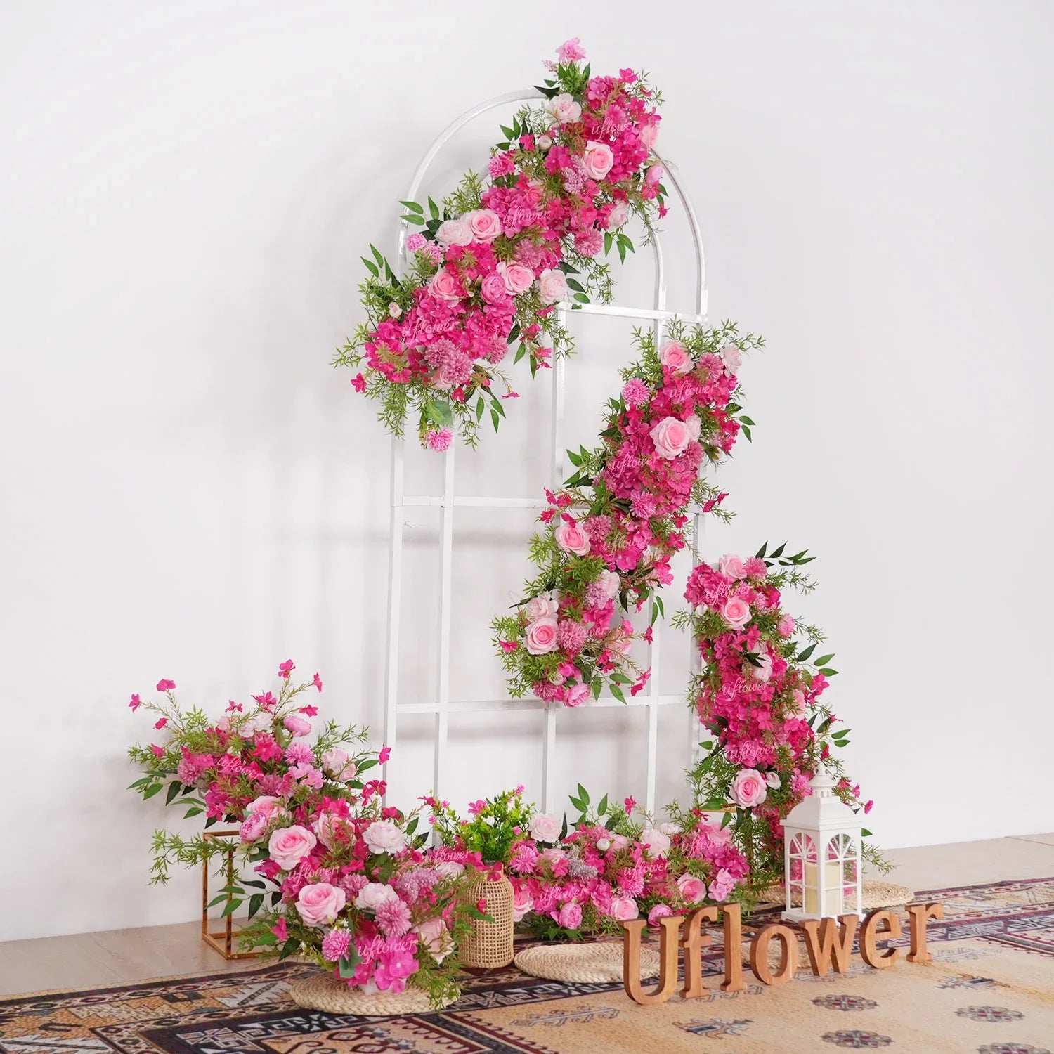 Uflower Pink Rose Green Leaf Wedding Backdrop Floral Arrangement MC80089 - Uflower