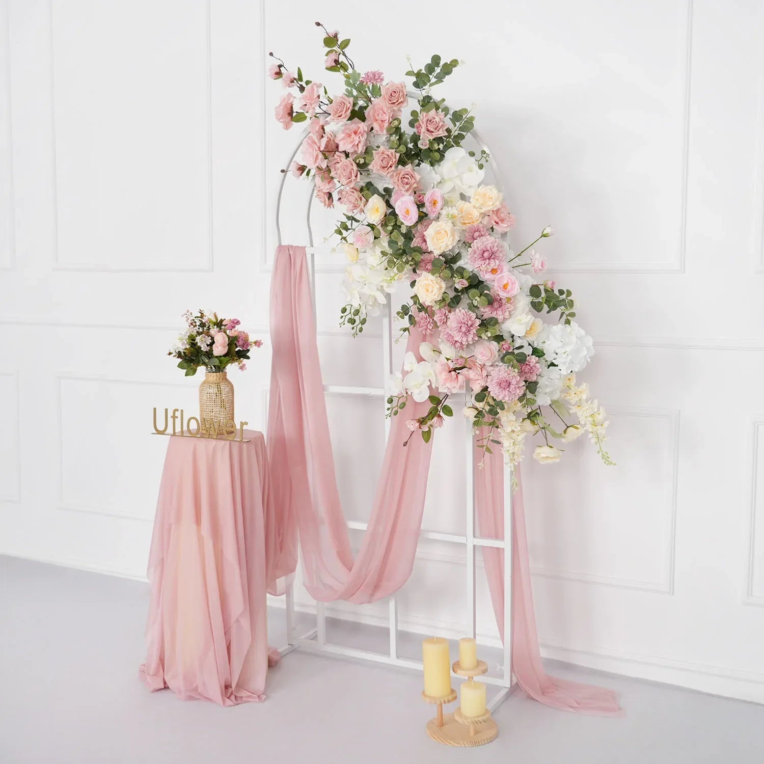 Uflower Artificial Pink Rose Green Leaf Flower Row Wedding KT Backdrop Decor MC80121-01 - Uflower