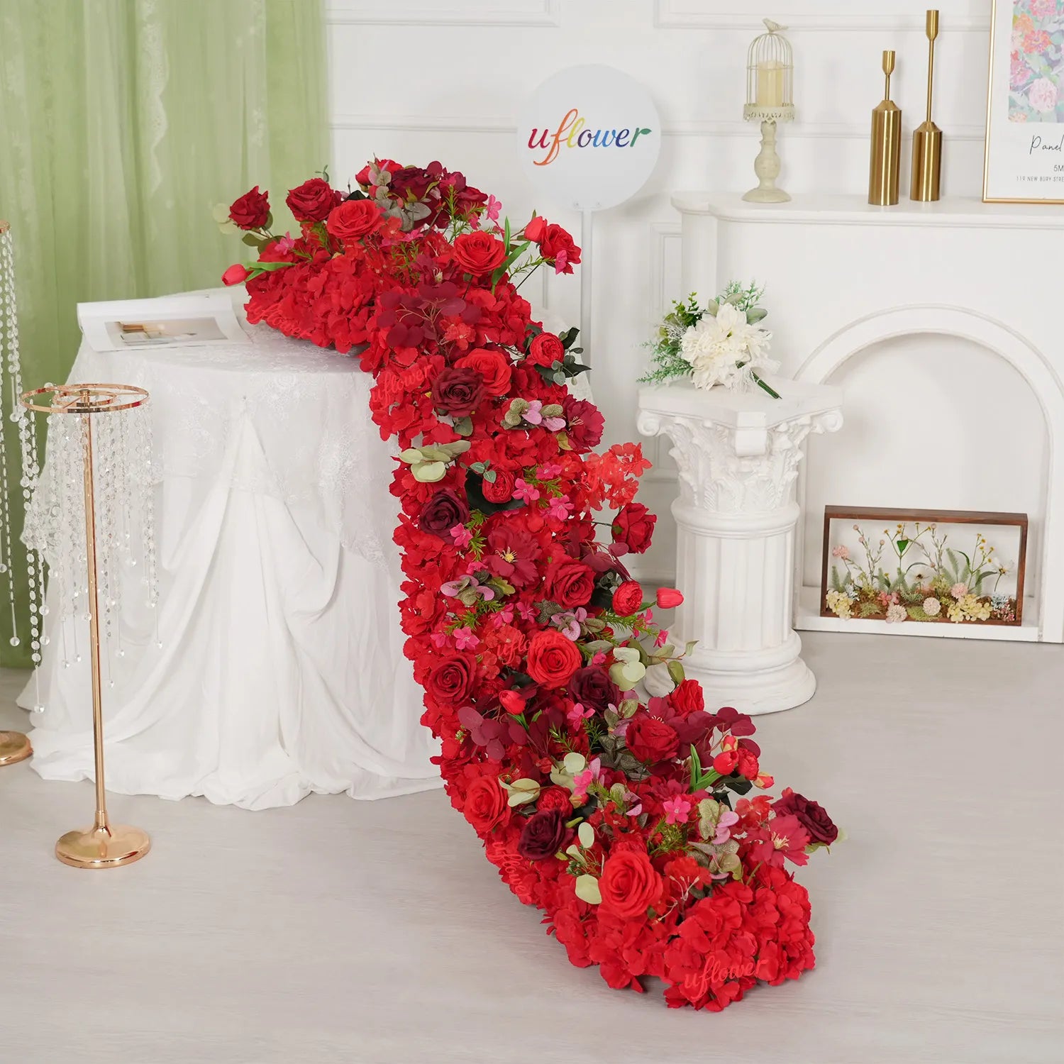 Uflower Red Floral Row Wedding & Party Table Runner Decor MC80315-01