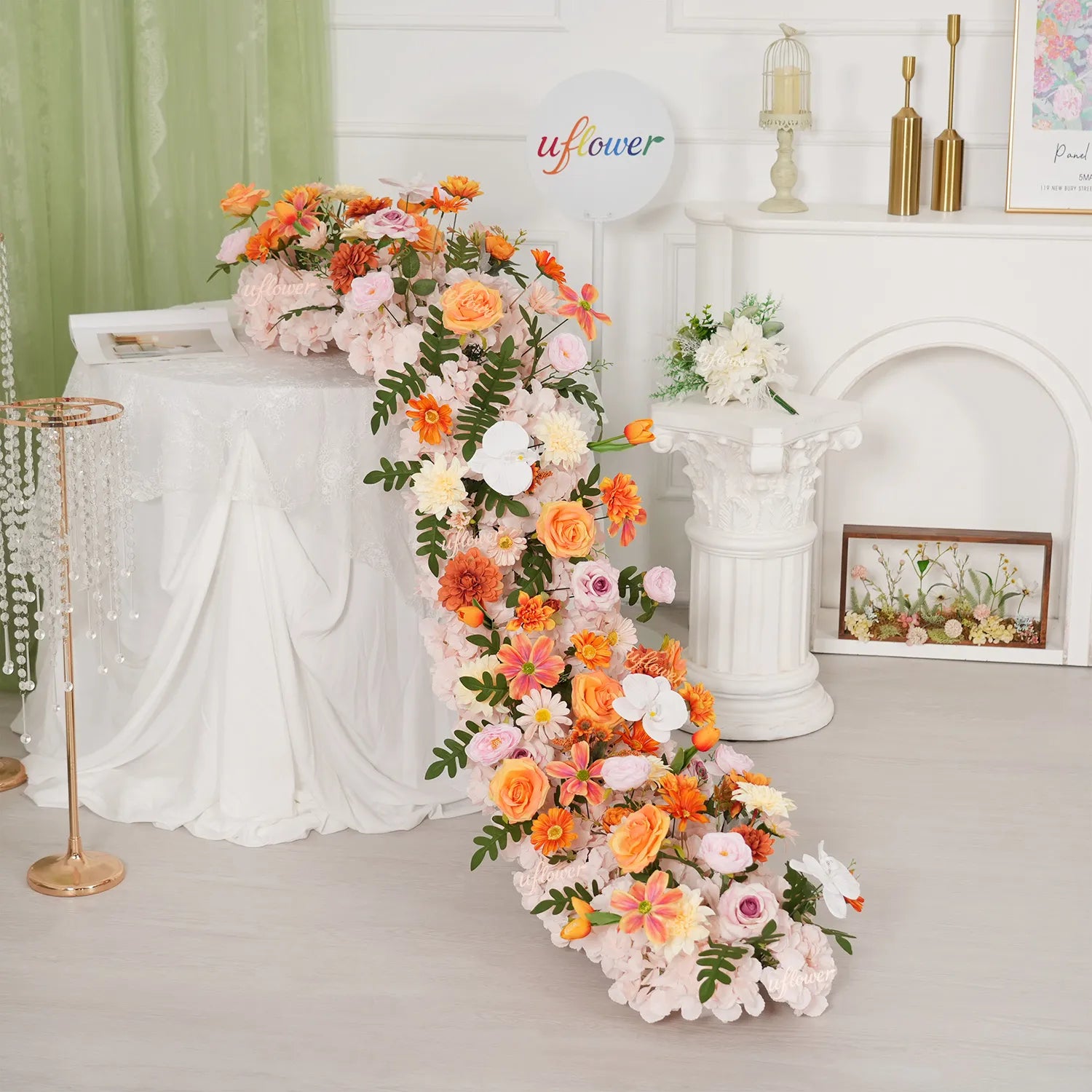 Uflower Orange Table Runner Sofa Floral Wedding Backdrop Decor MC80307-01