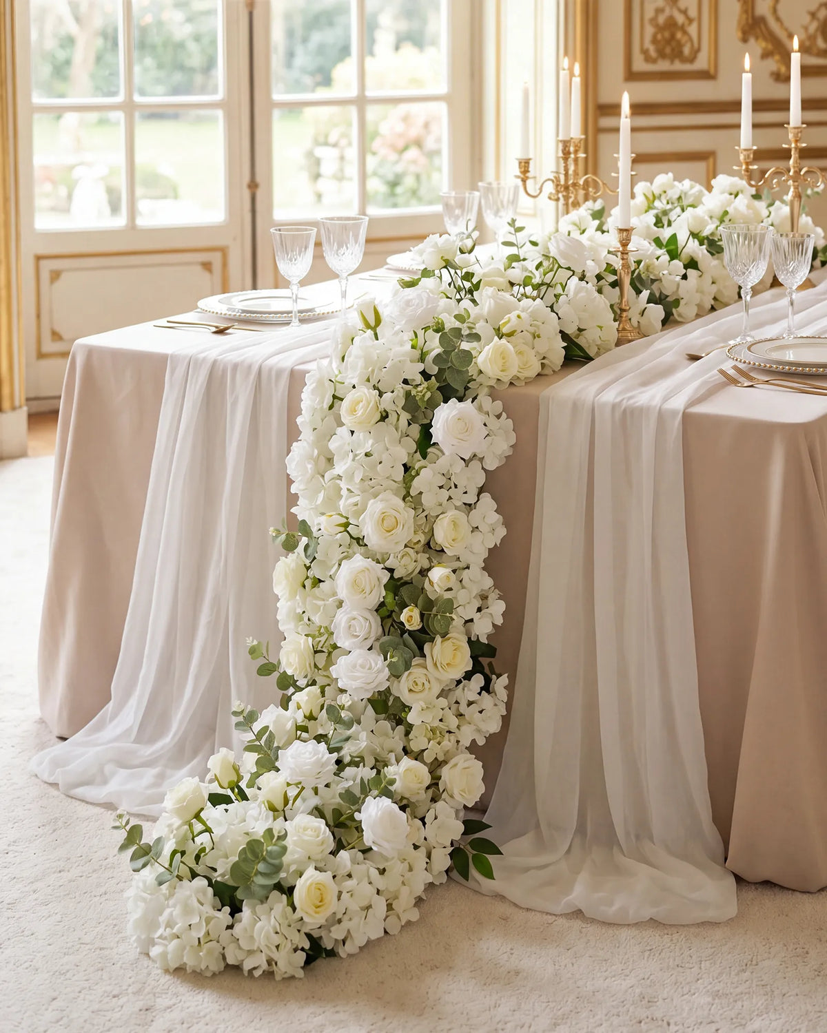 Uflower 200cm White Rose Greenery Flower Row with Drapes MC89004-02